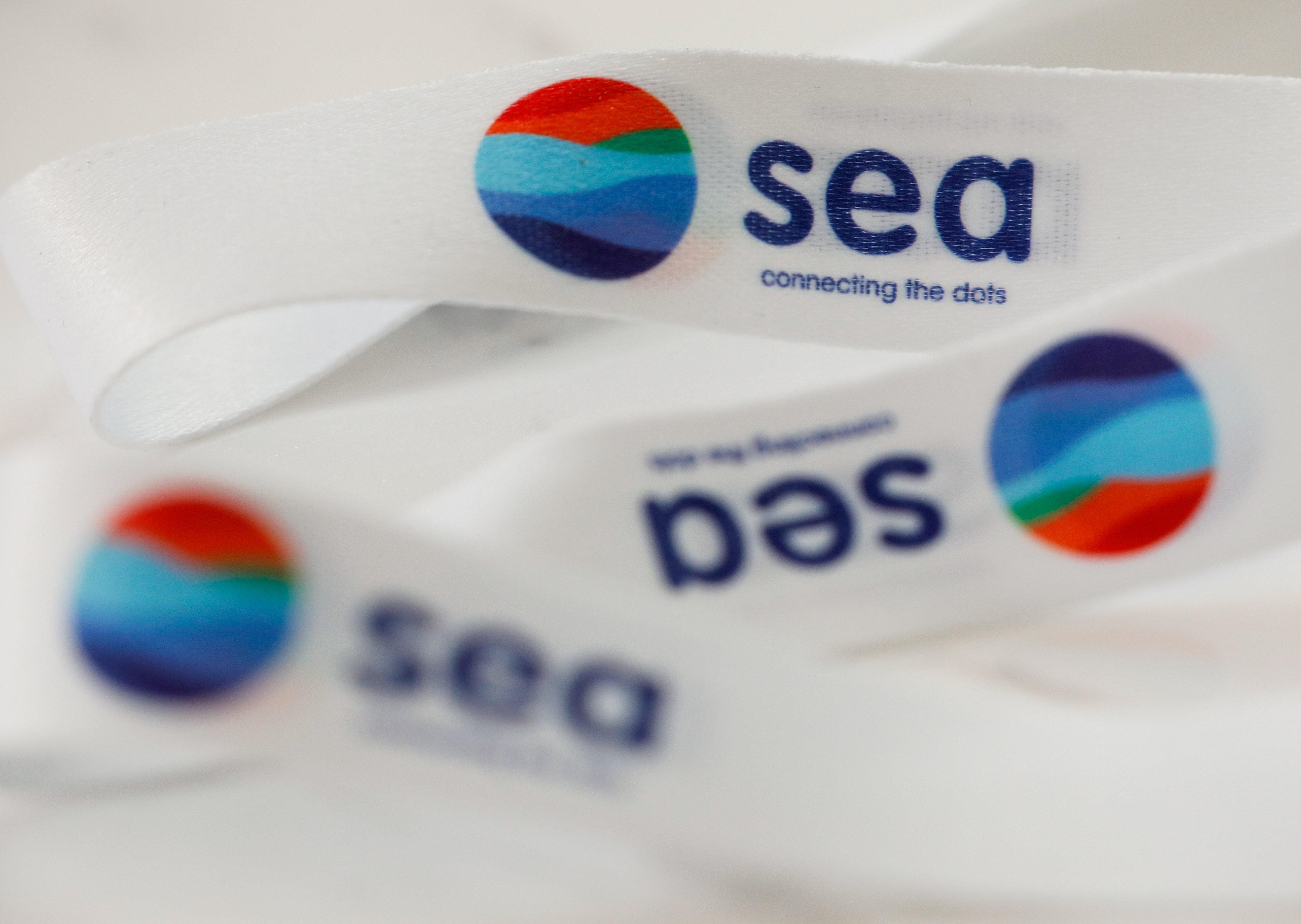 A lanyard showing logos of Southeast Asian e-commerce and gaming group Sea Ltd is pictured at their office in Singapore