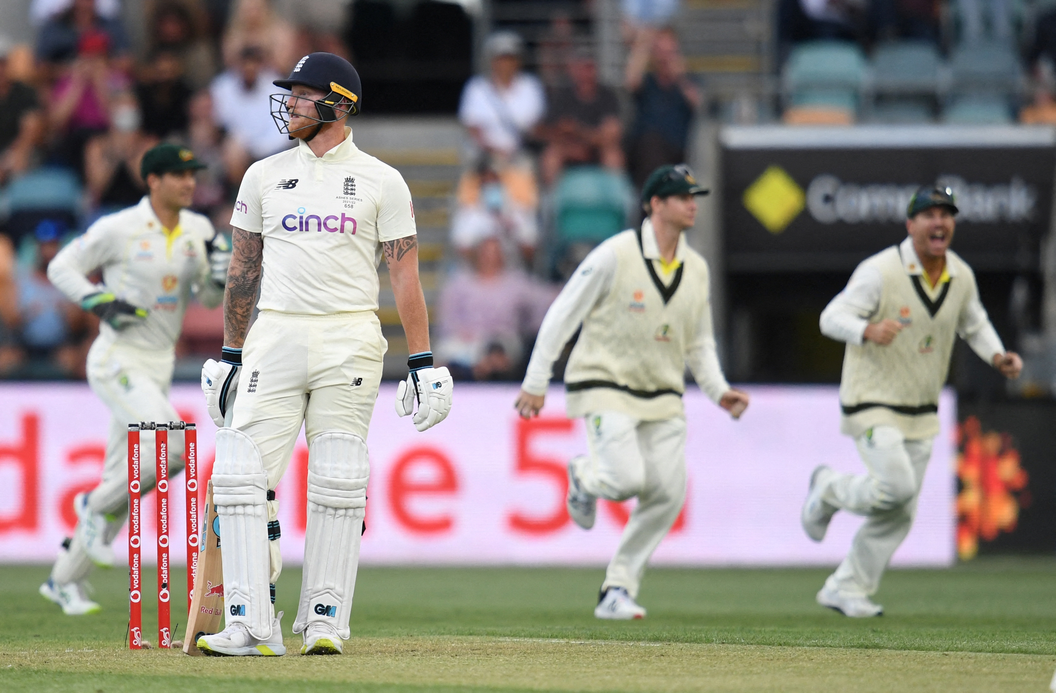 Cricket - Ashes - Fifth Test - Australia v England - Bellerive Oval, Hobart, Australia - January 15, 2022 Ben Stokes of England reacts after losing his wicket off the bowling of Mitchell Starc of Australia Darren England/AAP Image via REUTERS   