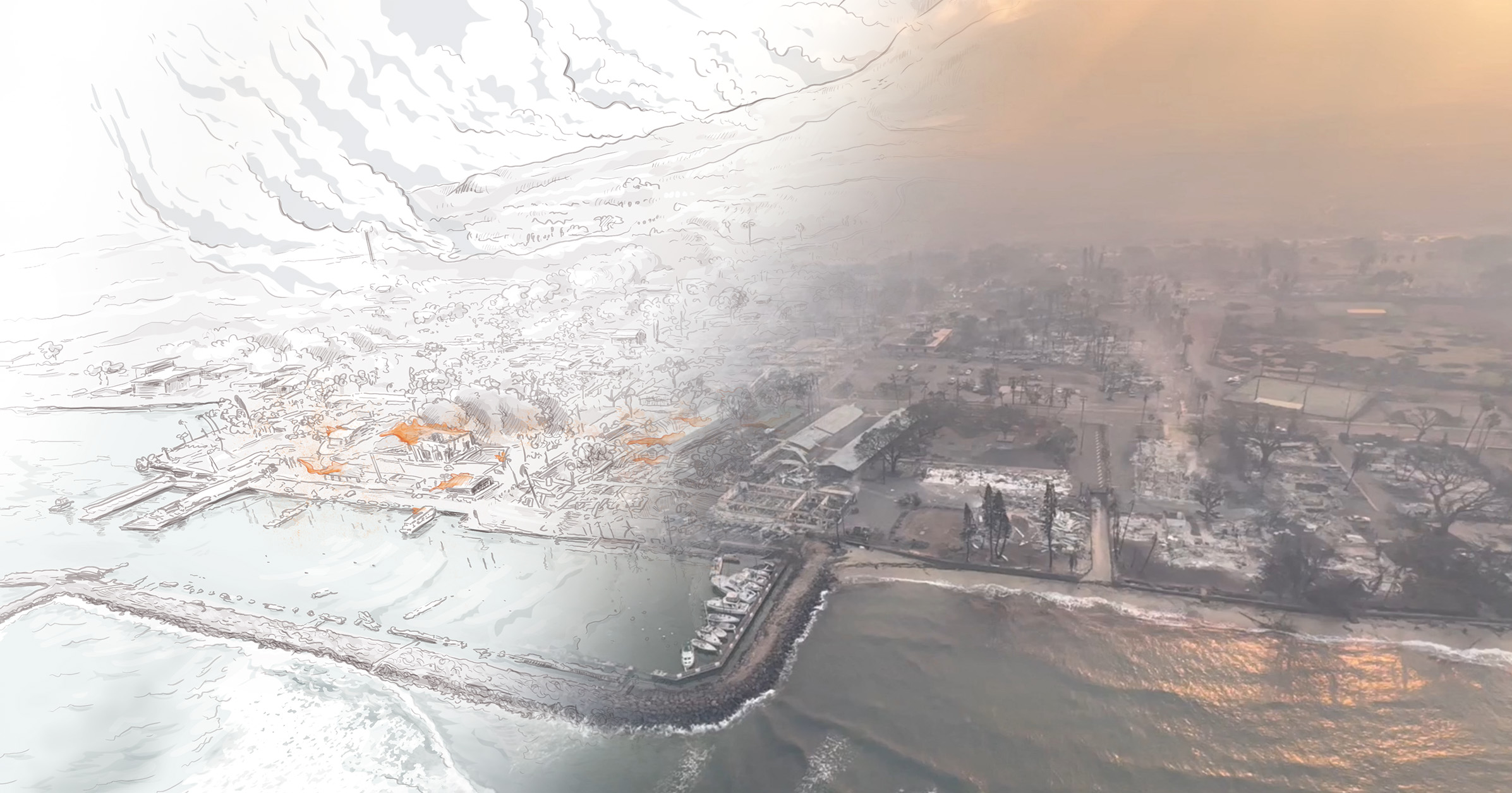 Illustration overlaid on top of photo of Lahaina, Hawaii after the wildfires