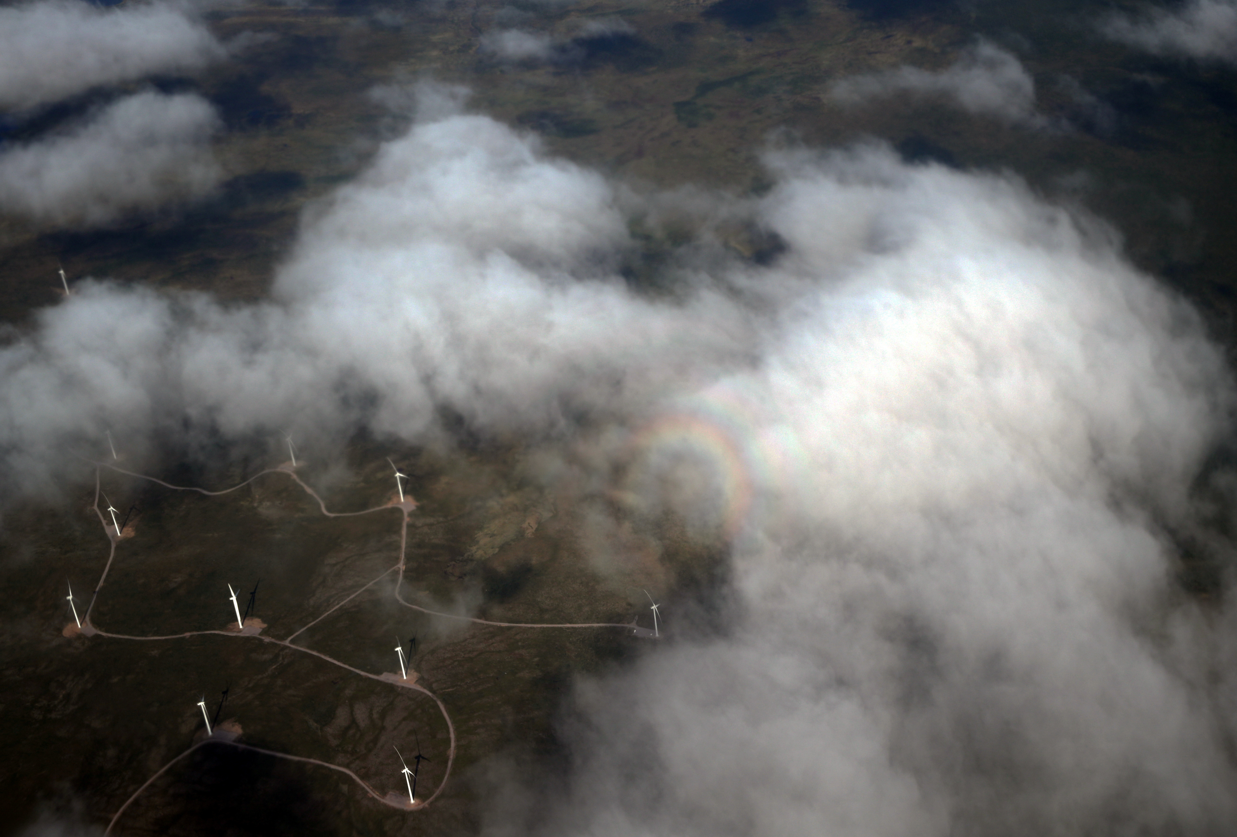 A wind farm is seen from an atmospheric research aircraft en route to the Norwegian Sea from northern Sweden