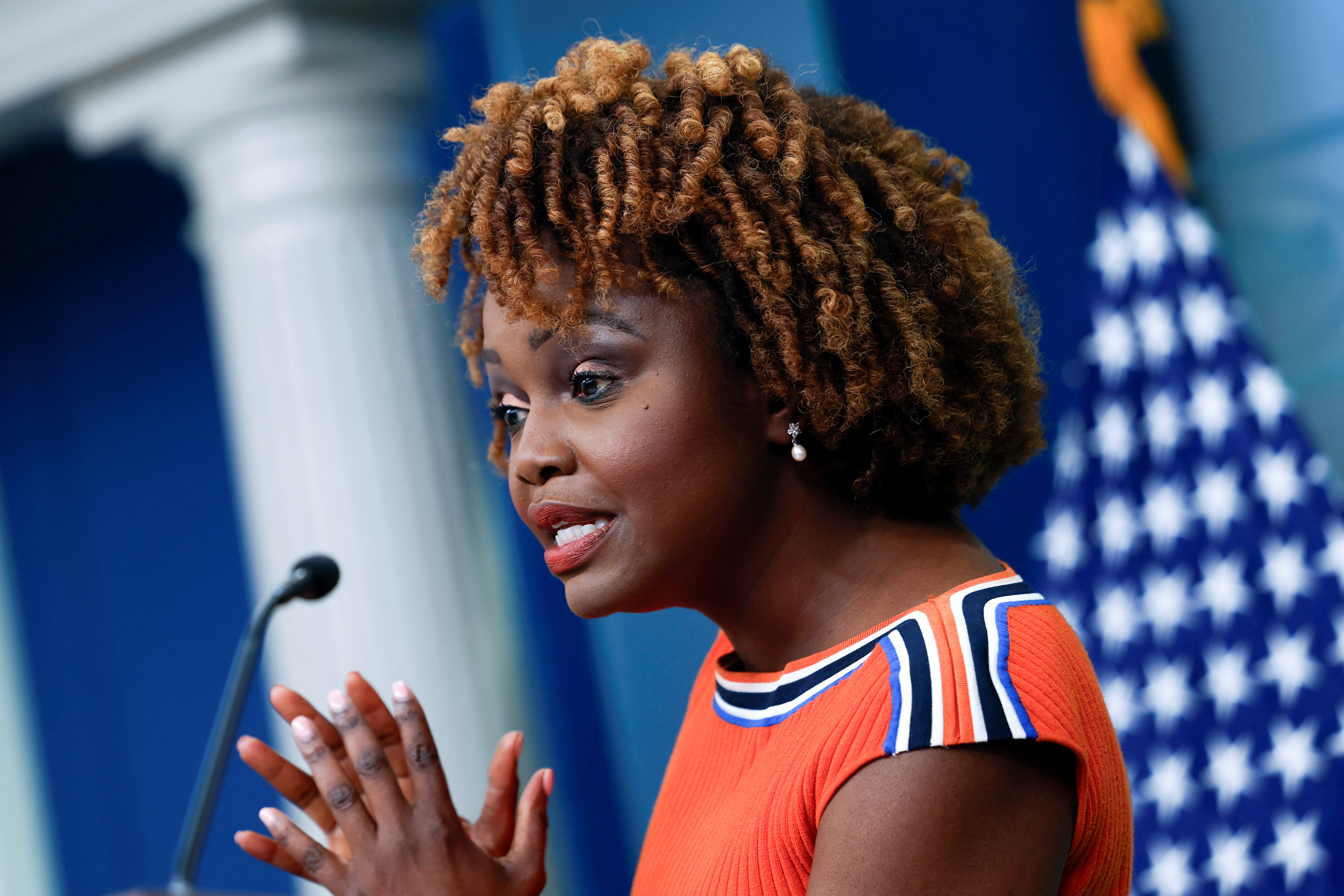 Press Secretary Karine Jean-Pierre speaks to reporters during a press briefing at the White House in Washington