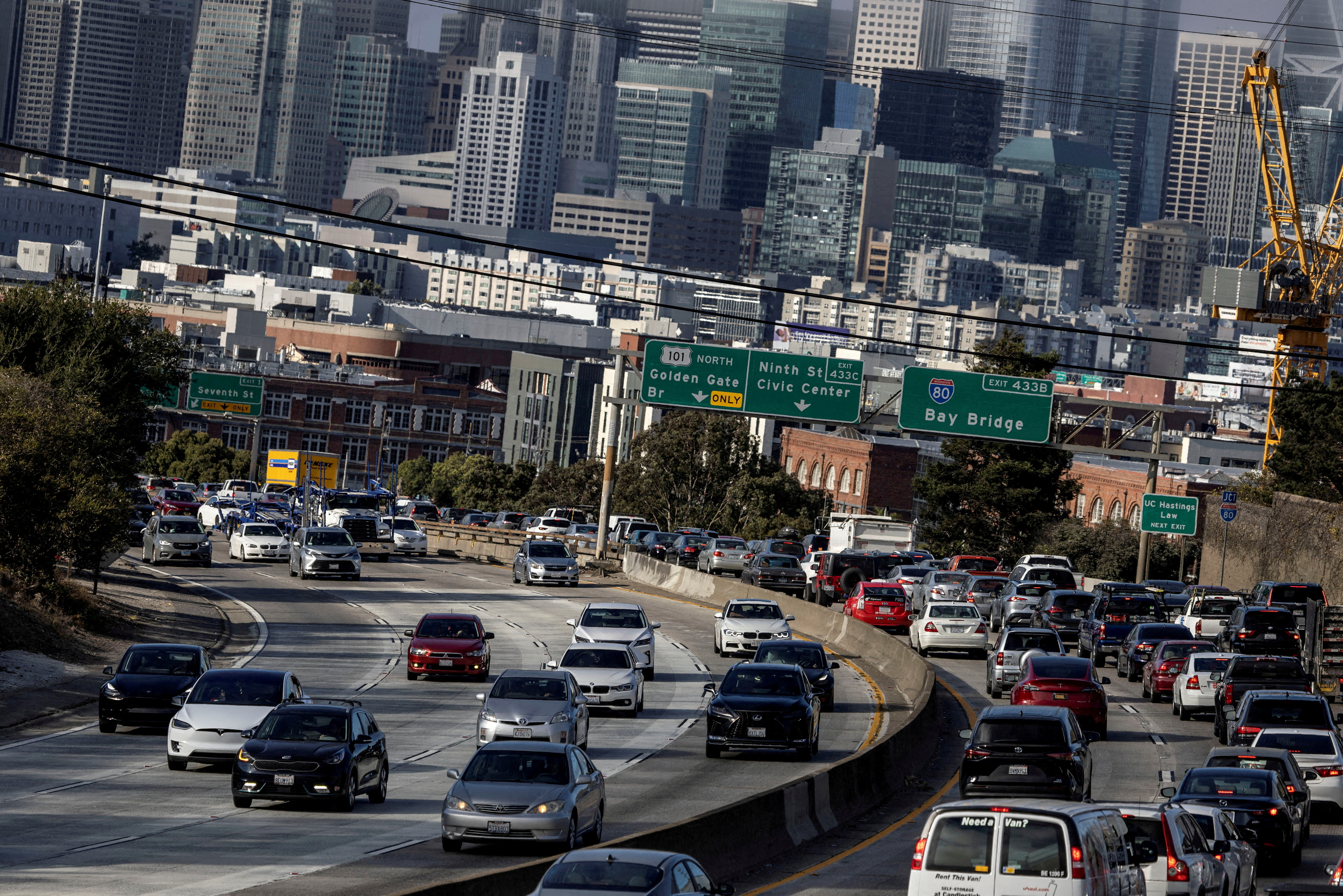 A view of cars on the road during rush hour in San Francisco