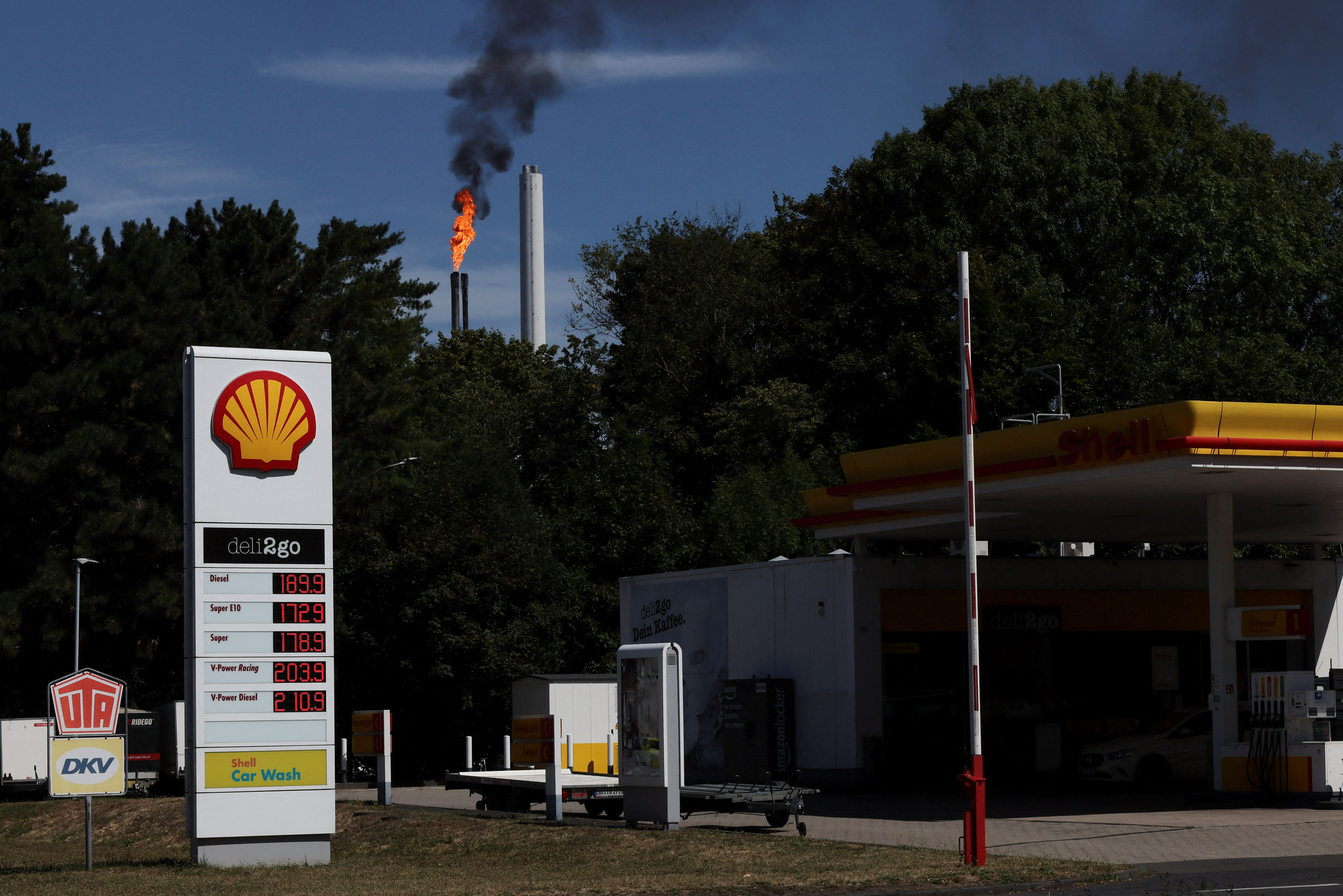 A pilot flame burns atop Shell Energy and Chemicals Park Rhineland near Cologne