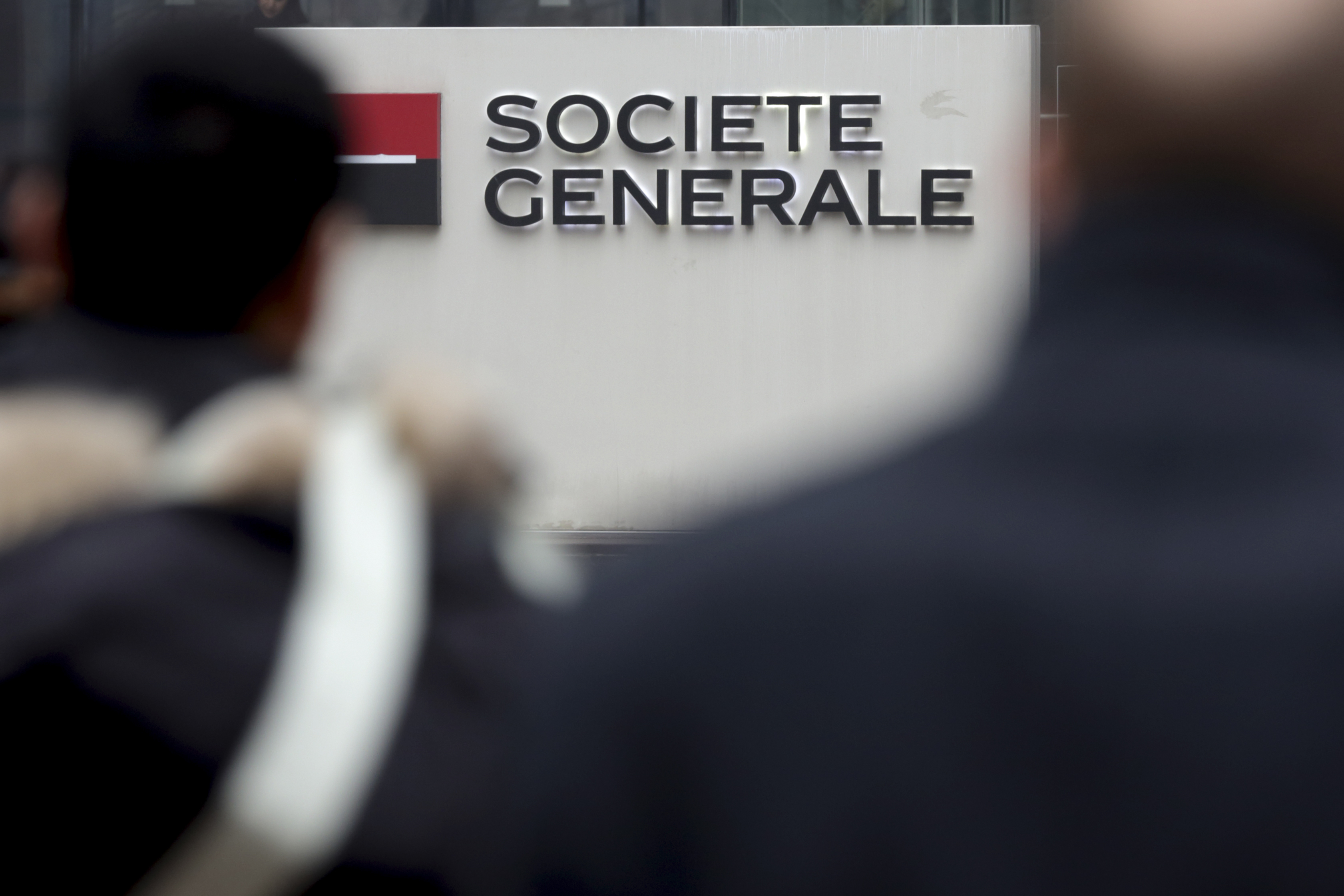 The logo of French bank Societe Generale is pictured at the entrance of the bank's headquarters in La Defense near Paris