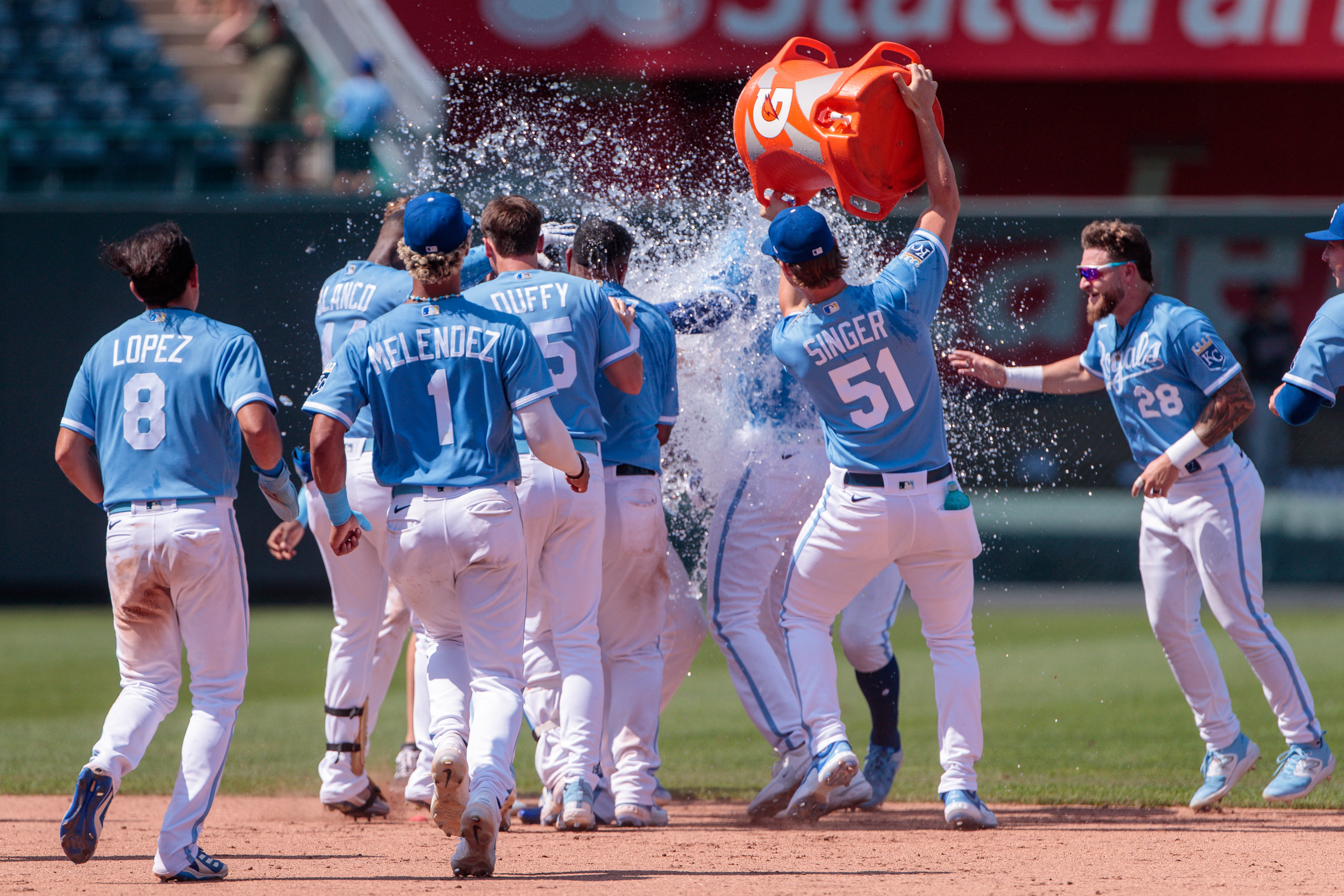 Kansas City Royals' Nicky Lopez celebrates on second after hitting a double  during the first inning of a baseball game against the Texas Rangers,  Thursday, May 16, 2019, in Kansas City, Mo. (