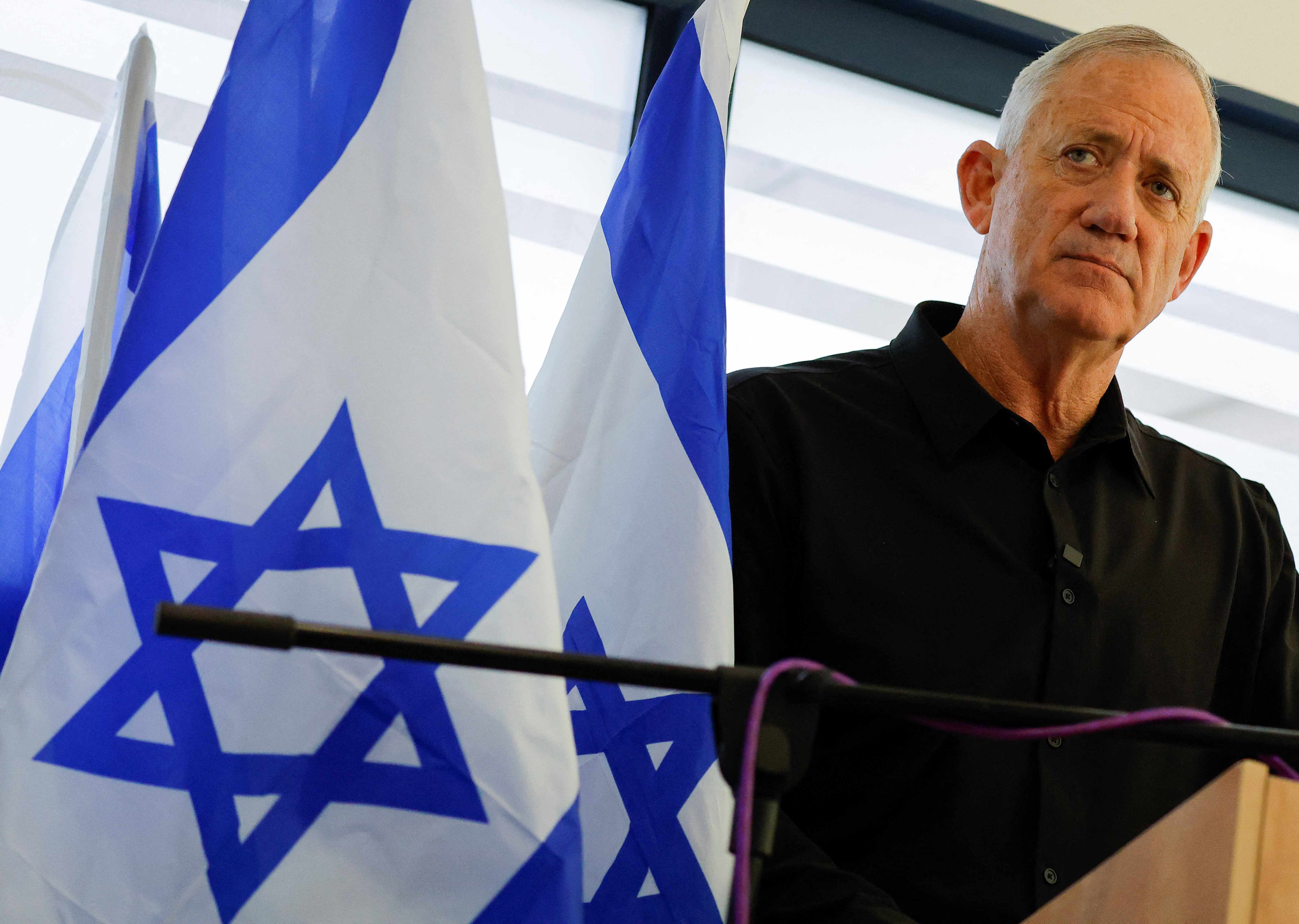 Defence Minister of Israel Benny Gantz speaks during a press conference in Shlomi