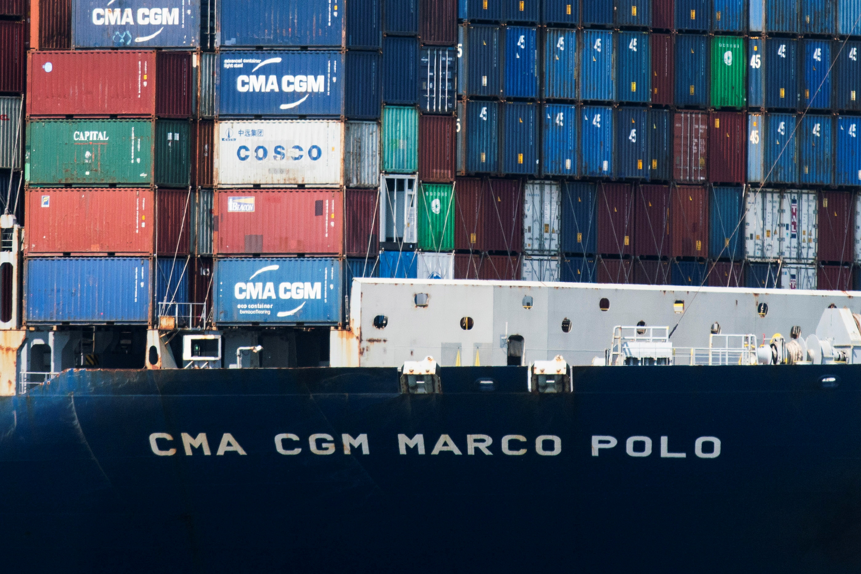 The CMA CGM Marco Polo, an Explorer class container ship docks at Elizabeth port as seen from Bayonne, New Jersey, U.S., May 20, 2021.  REUTERS/Eduardo Munoz