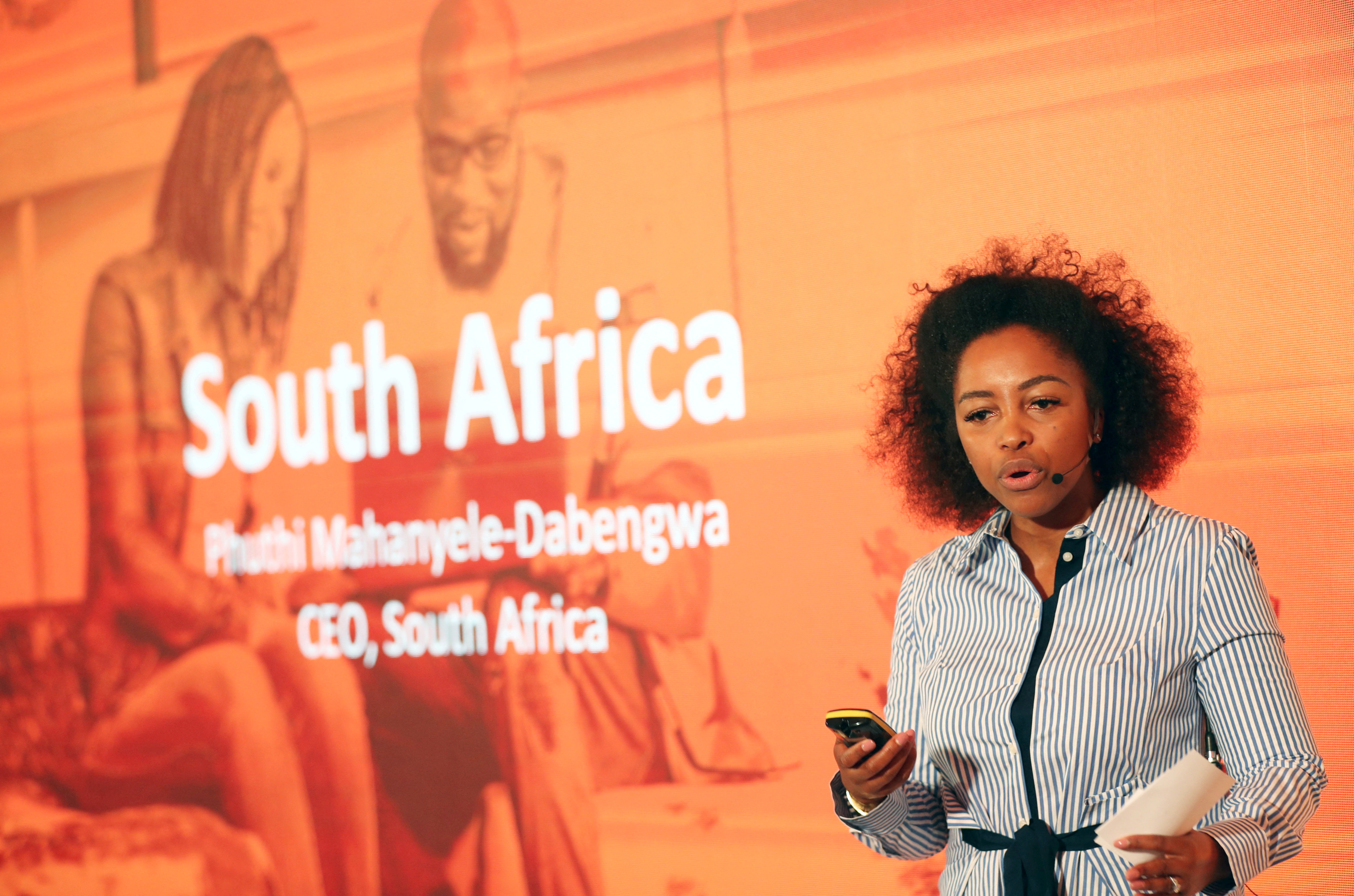 Phuthi Mahanyele-Dabengwa, CEO of e-commerce group Naspers South Africa, gestures during a media briefing in Johannesburg