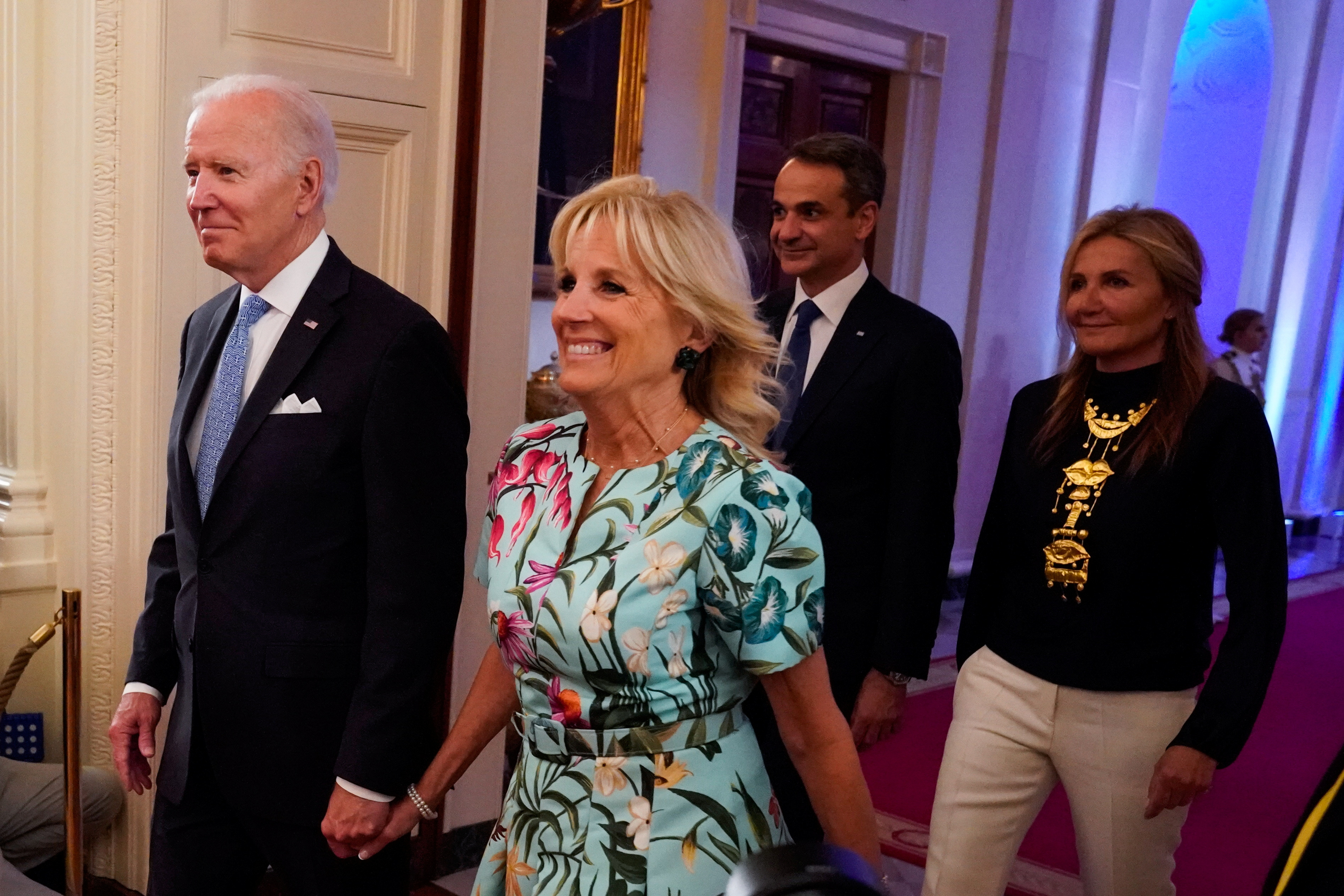 U.S. President Joe Biden and first lady Jill Biden host Prime Minister Kyriakos Mitsotakis of Greece and his wife during a reception at the White House in Washington