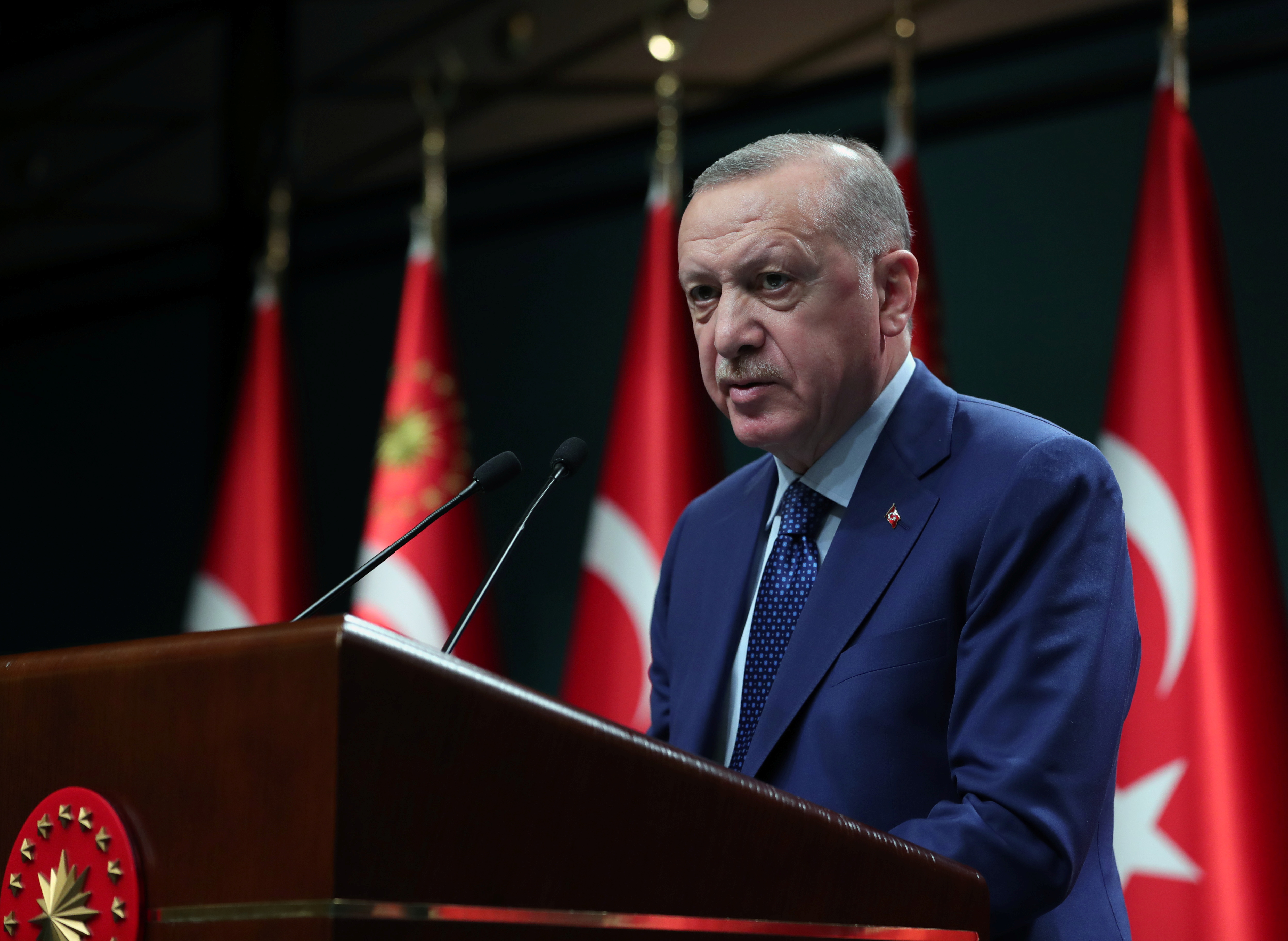 Turkish President Tayyip Erdogan gives a statement after a cabinet meeting in Ankara