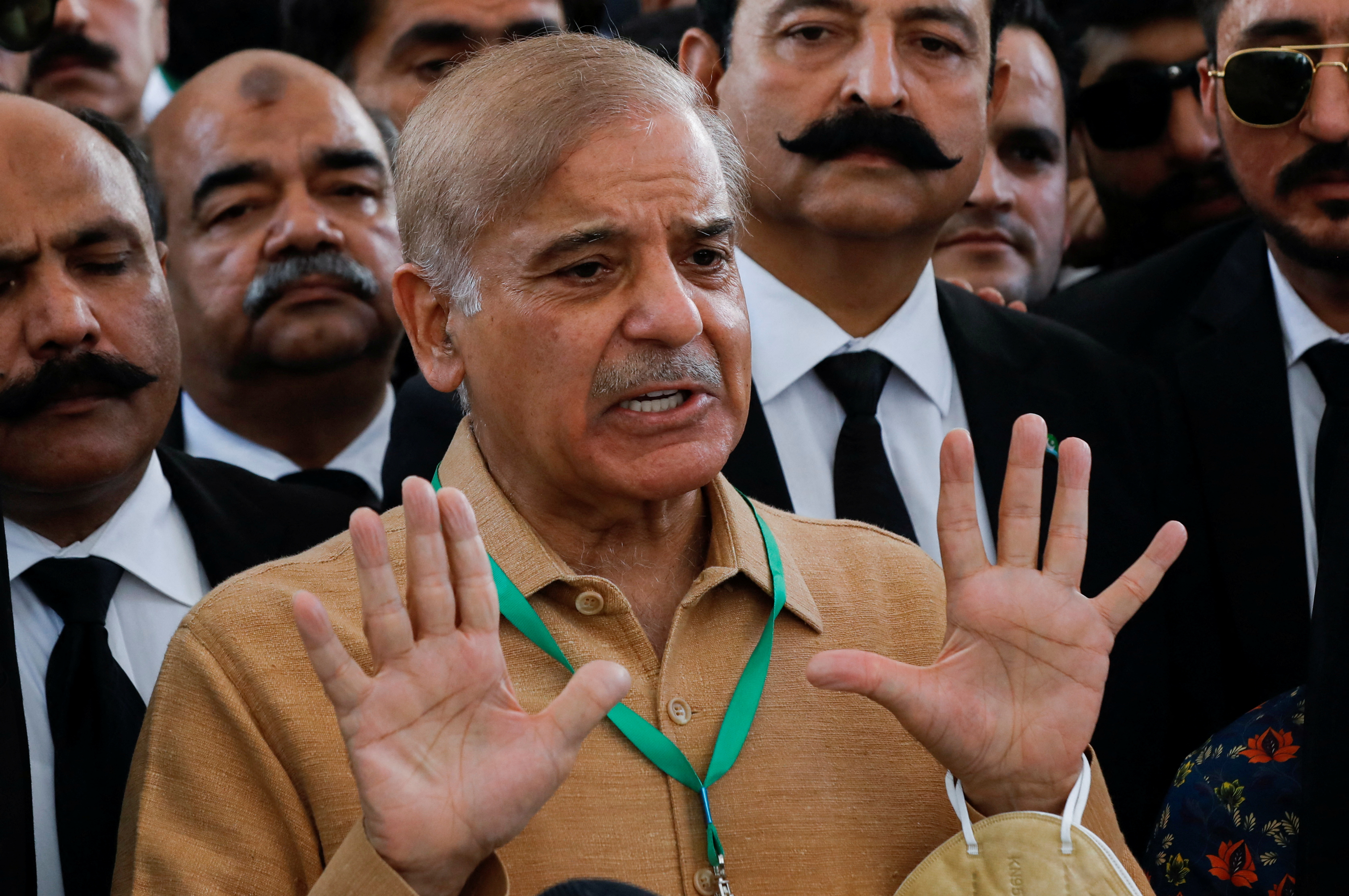 Leader of the opposition Shehbaz Sharif speaks to the media at the Supreme Court of Pakistan in Islamabad