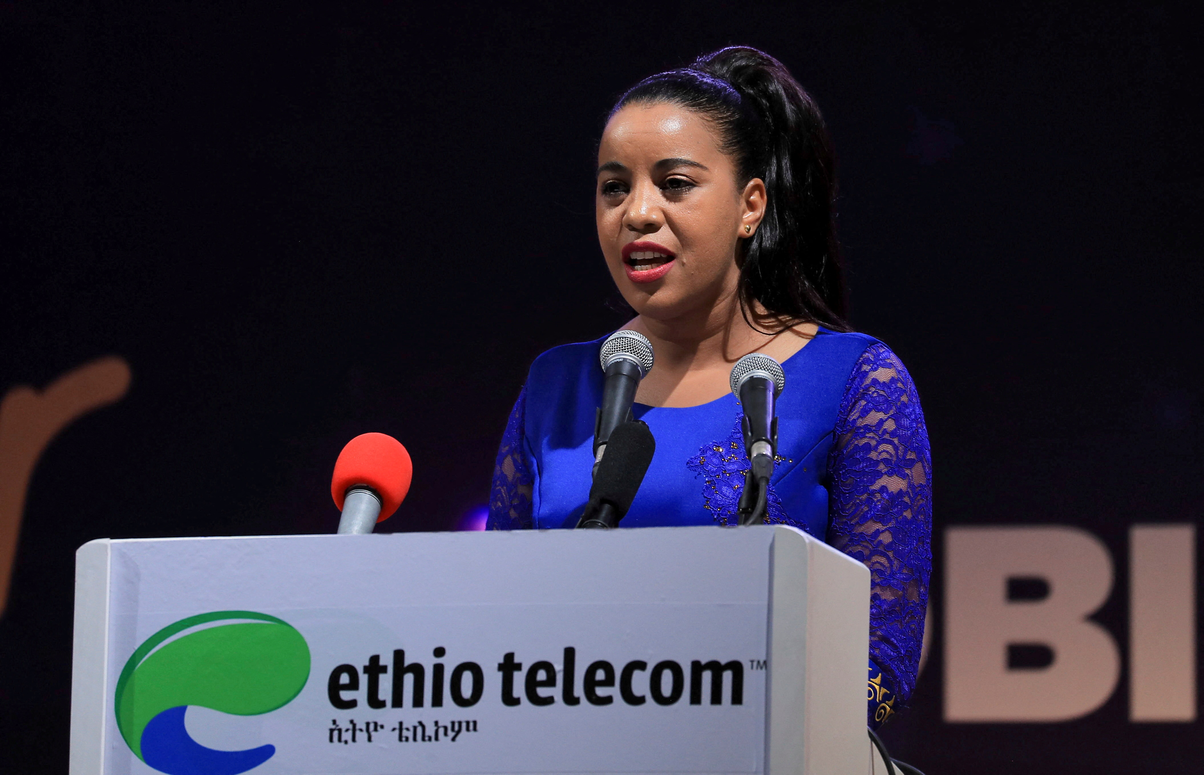Ethio-Telecom Chief Executive Officer, Frehiwot Tamru addresses delegates during the launch of a mobile phone-based financial service named Telebirr mobile money service, in Addis Ababa