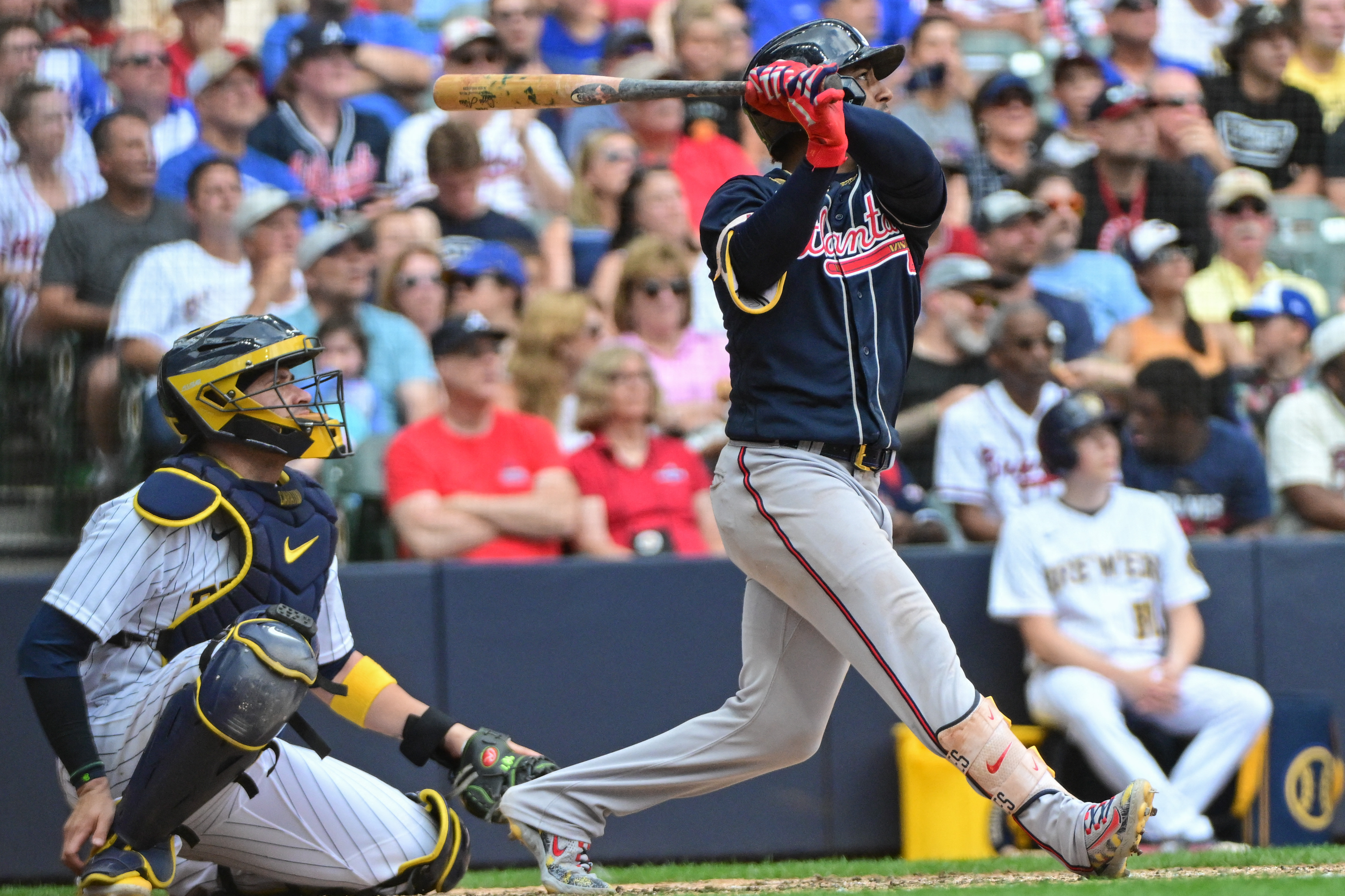 Milwaukee, United States Of America. 23rd July, 2023. July 23, 2023:  Atlanta Braves second baseman Ozzie Albies (1) turns a double play during  the game between the Milwaukee Brewers and the Atlanta