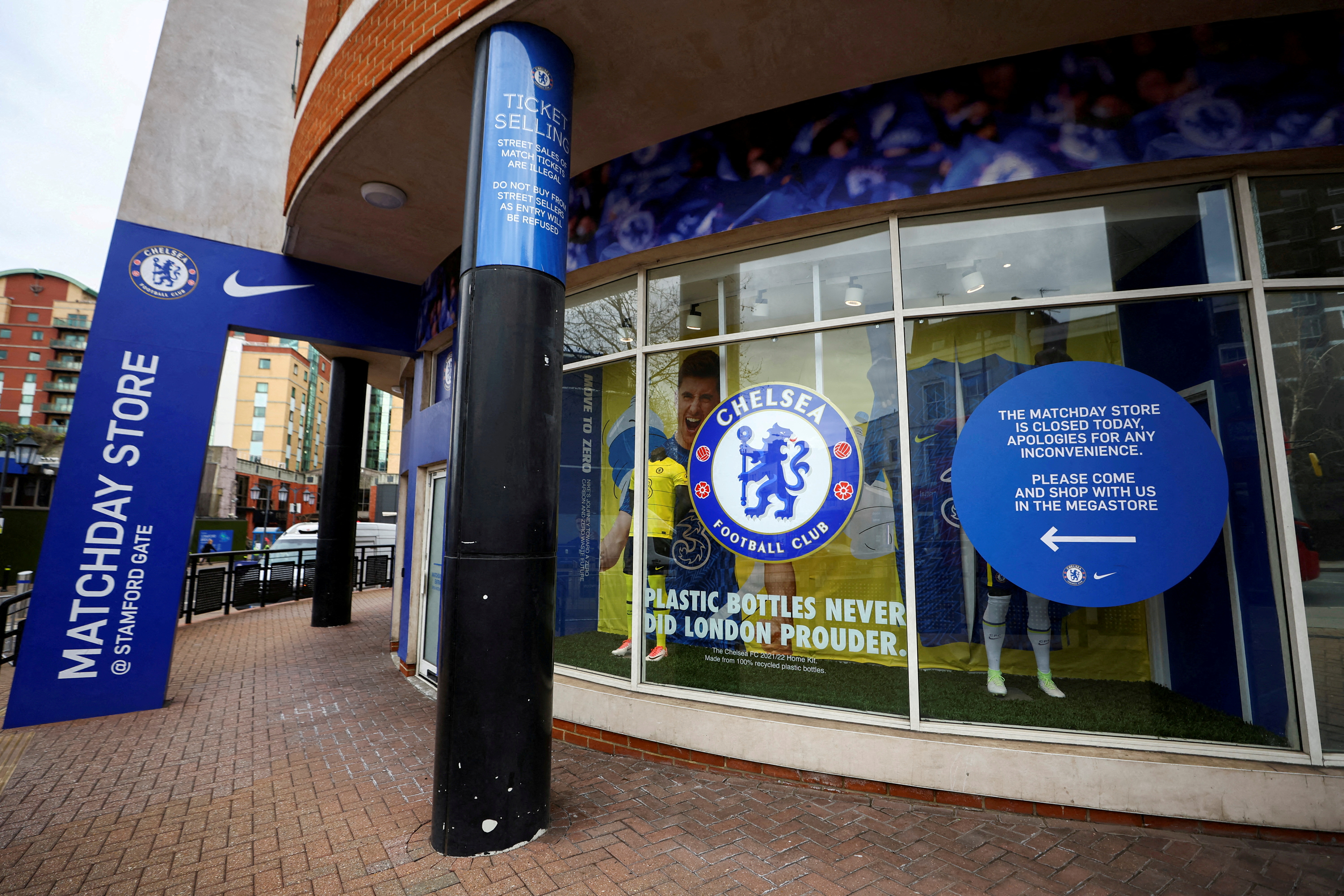 Views outside Chelsea FC after Britain imposed sanctions on its Russian owner, Roman Abramovich