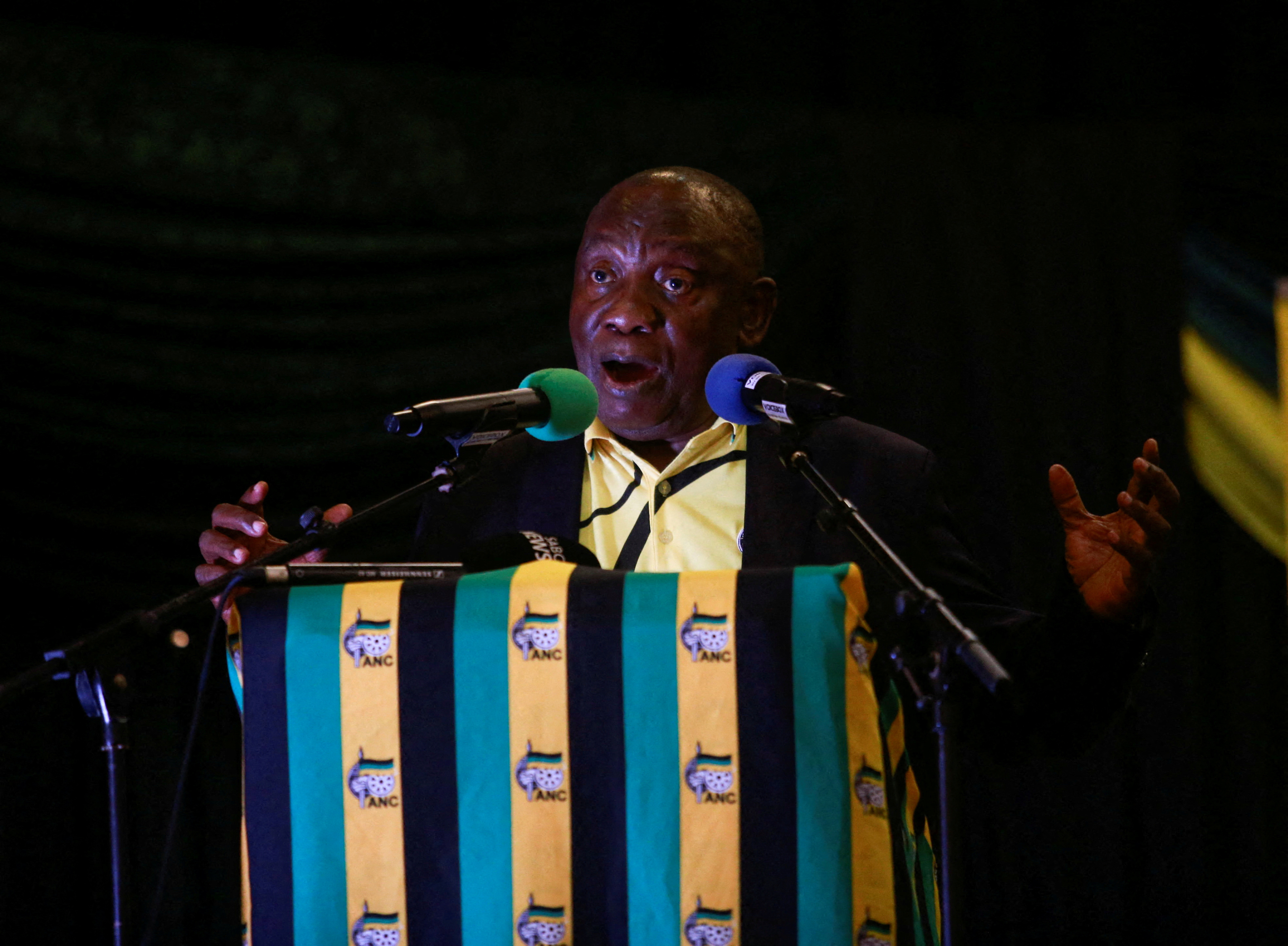 South African President Cyril Ramaphosa speaks at an election rally in Chatsworth