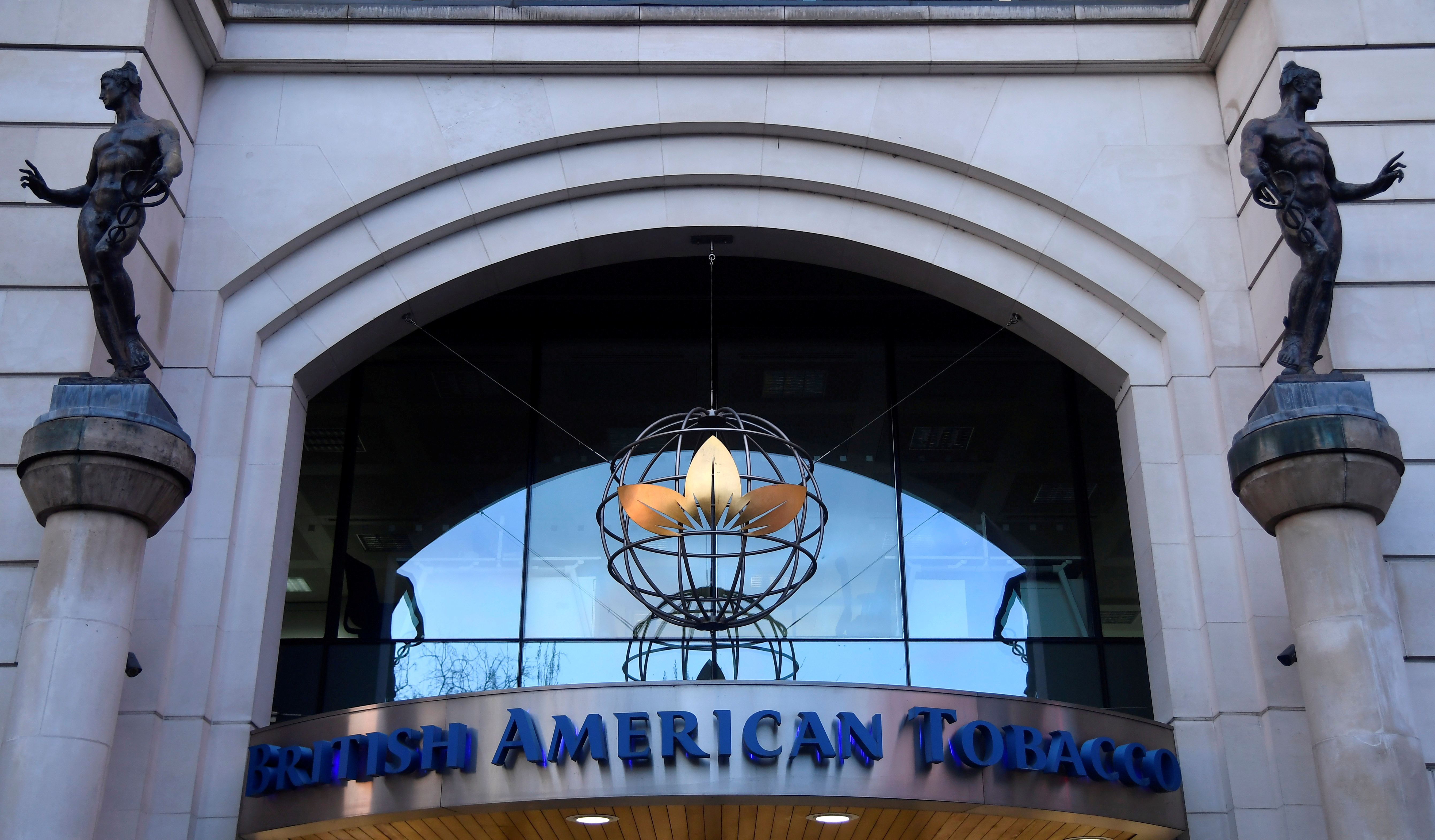 Signage is seen at the London offices of British American Tobacco, in London, Britain
