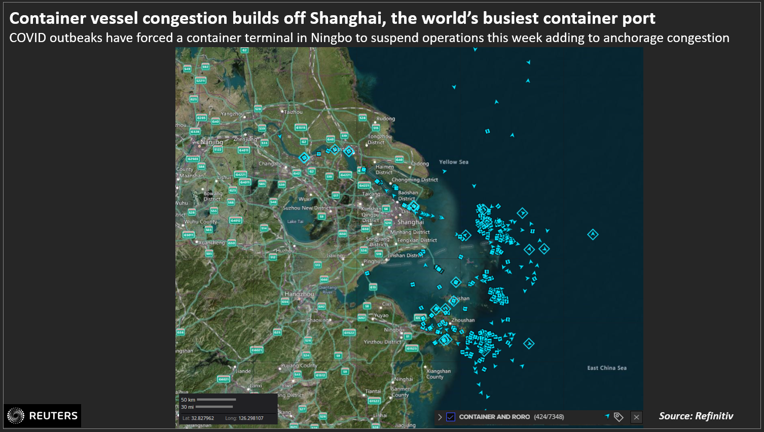 Container vessel congestion builds off Shanghai, the world’s busiest container por