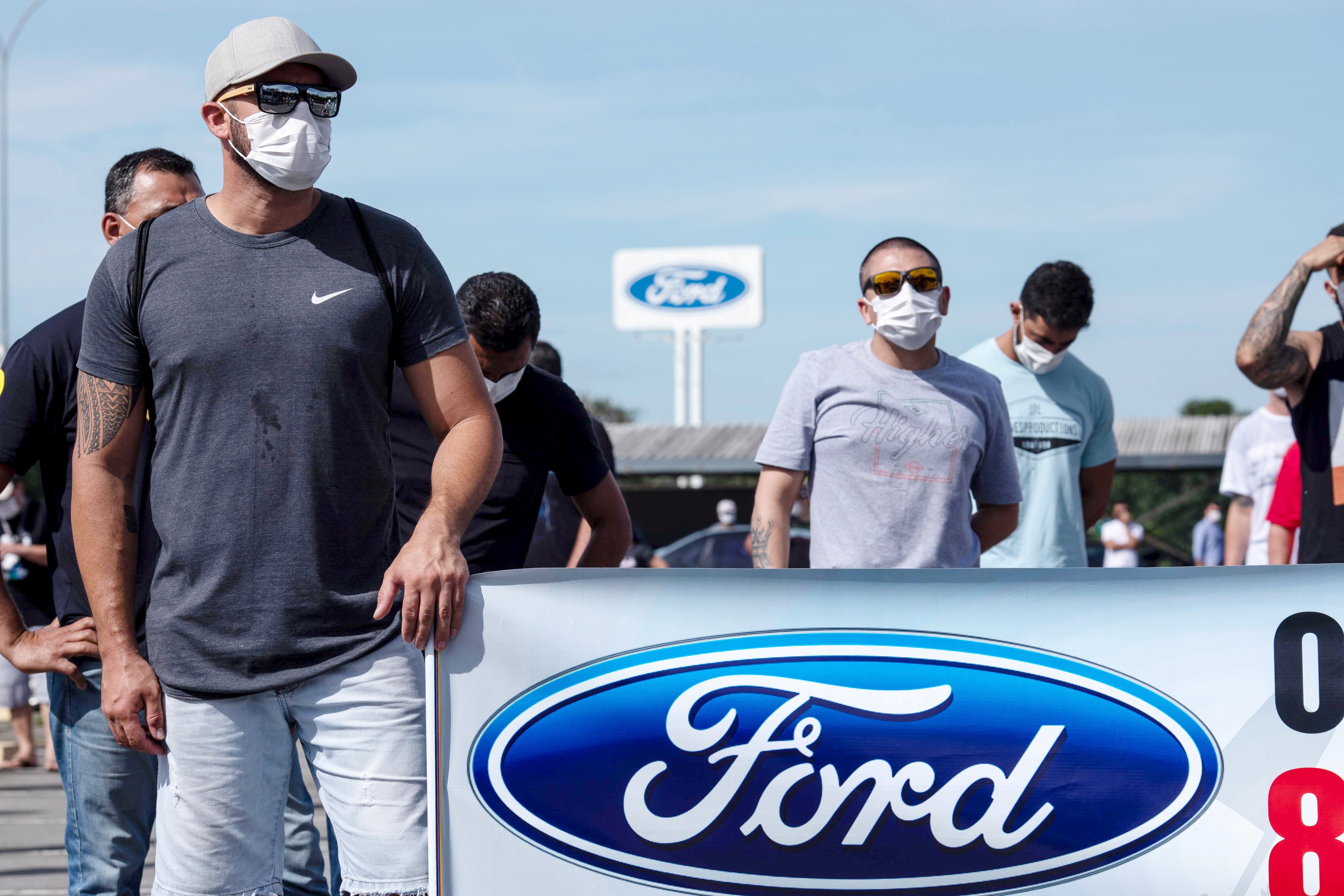 Workers protest at Ford Motor Co's plant in Taubate