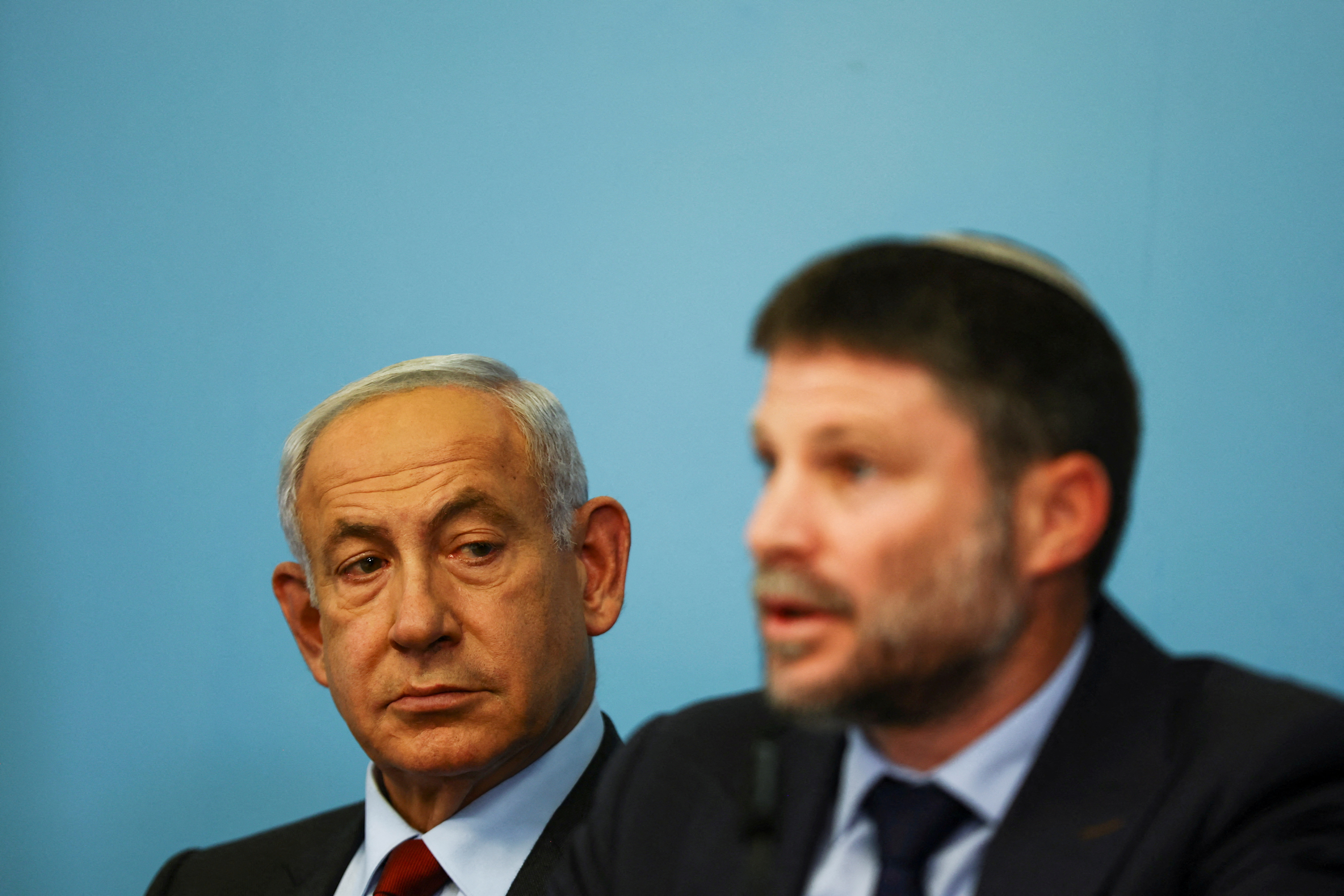 Israeli Prime Minister Benjamin Netanyahu and Israeli Finance Minister Bezalel Smotrich hold a news conference at the Israeli Prime Minister's office in Jerusalem