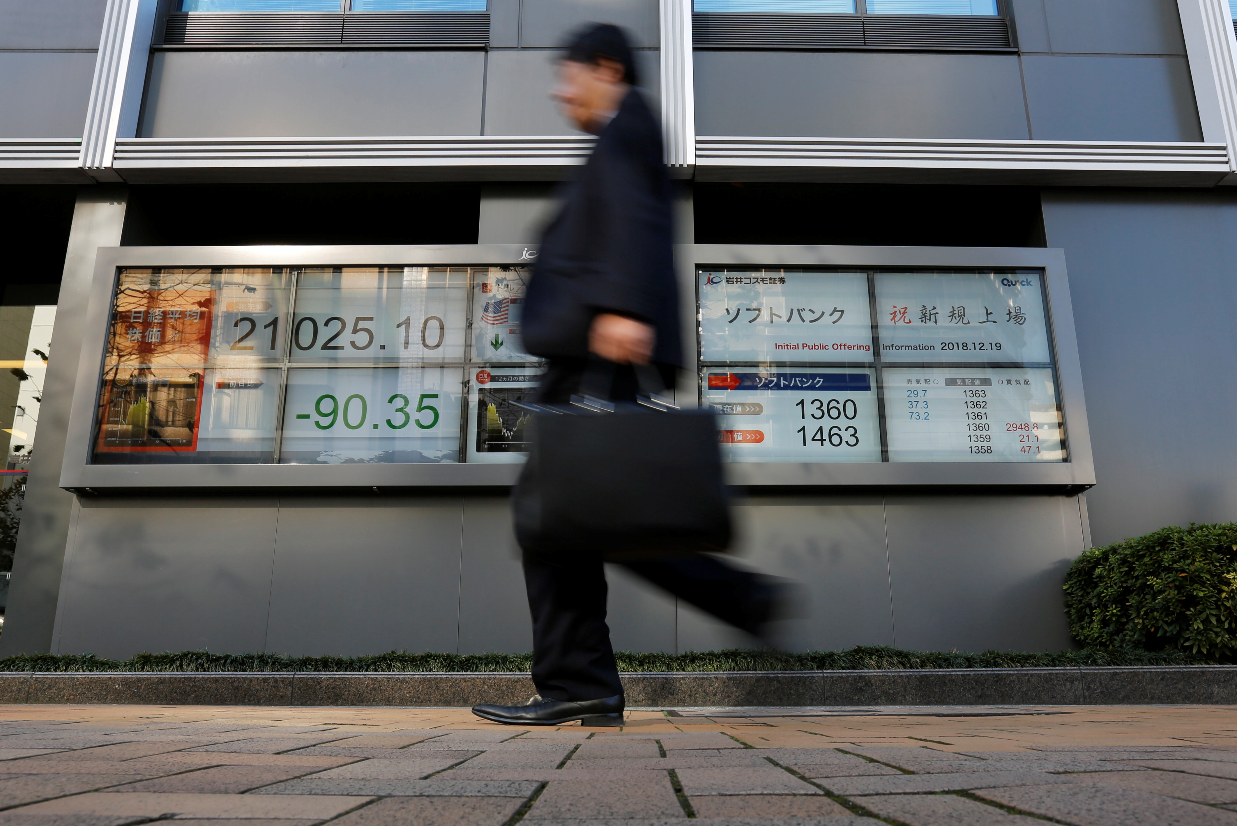 A man walks past in front of a stock quotation board showing the price of the SoftBank Corp. and Nikkei share average outside a brokerage in Tokyo, Japan December 19, 2018.  REUTERS/Issei Kato