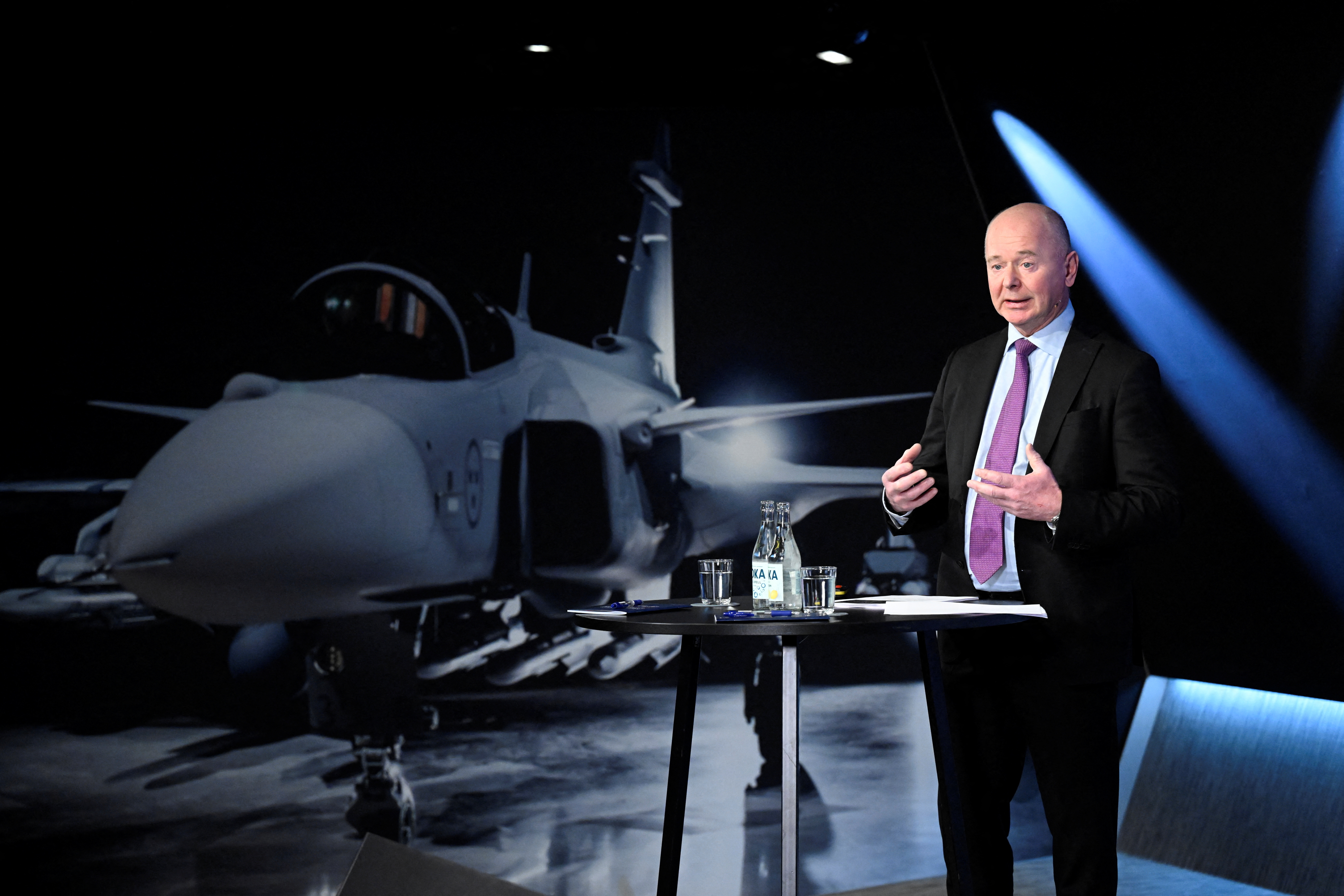 Swedish defence and security company Saab CEO Micael Johansson during the presentation of Saab's interim report in Stockholm