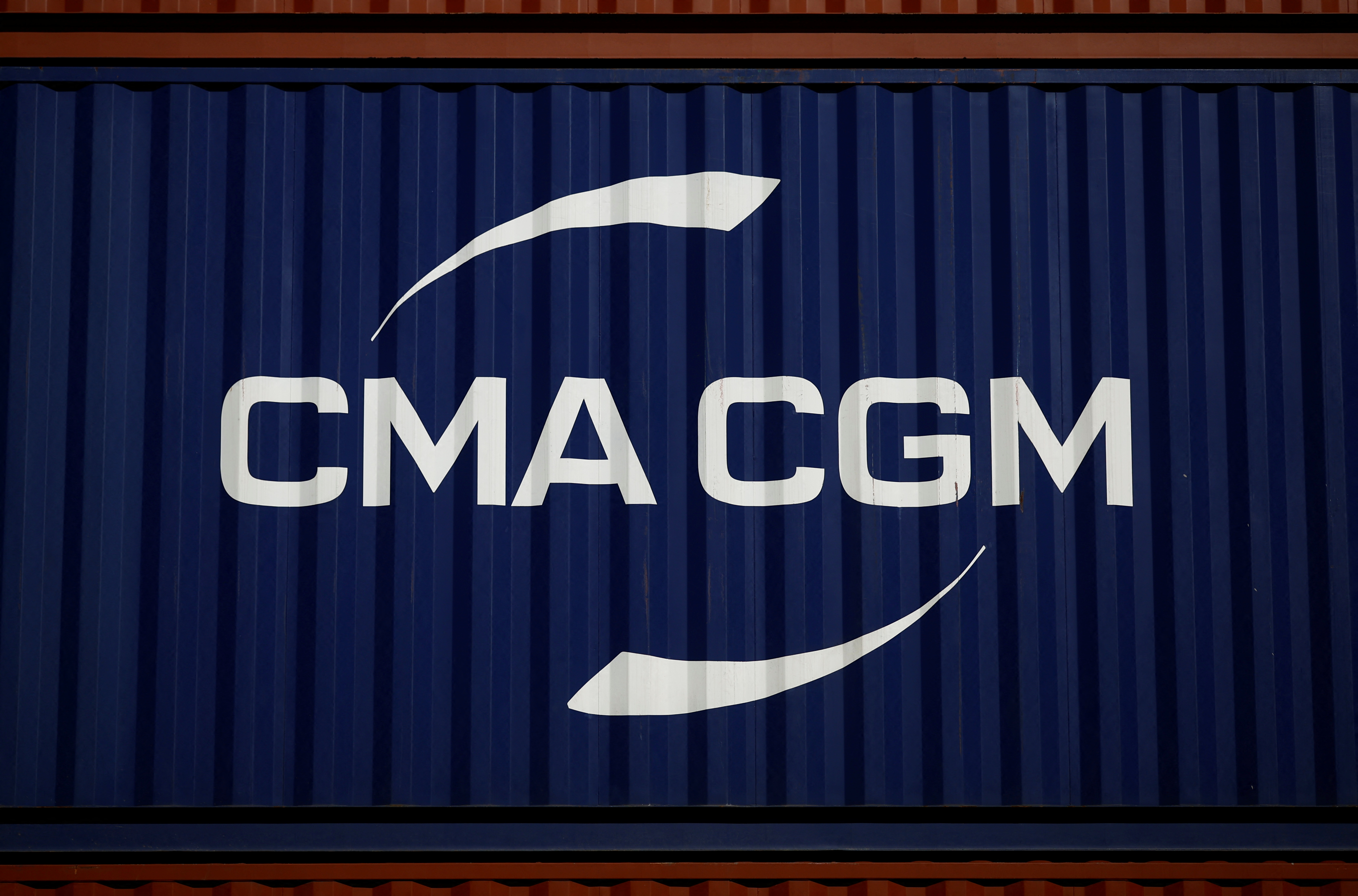The logo of CMA-CGM shipping company in Montoir-de-Bretagne