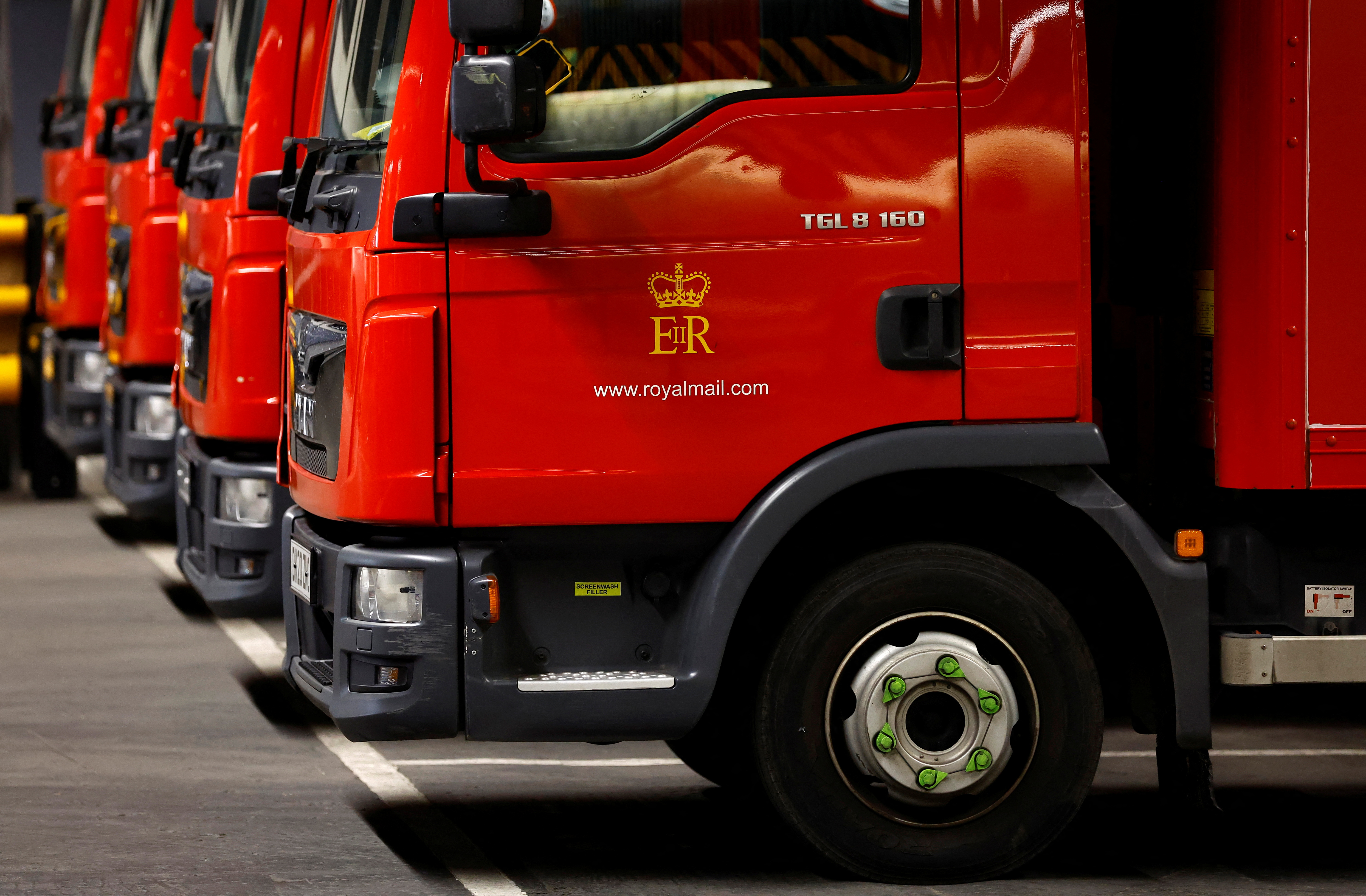 A Royal Mail sign is pictured on a delivery lorry at the Mount Pleasant mail centre in London
