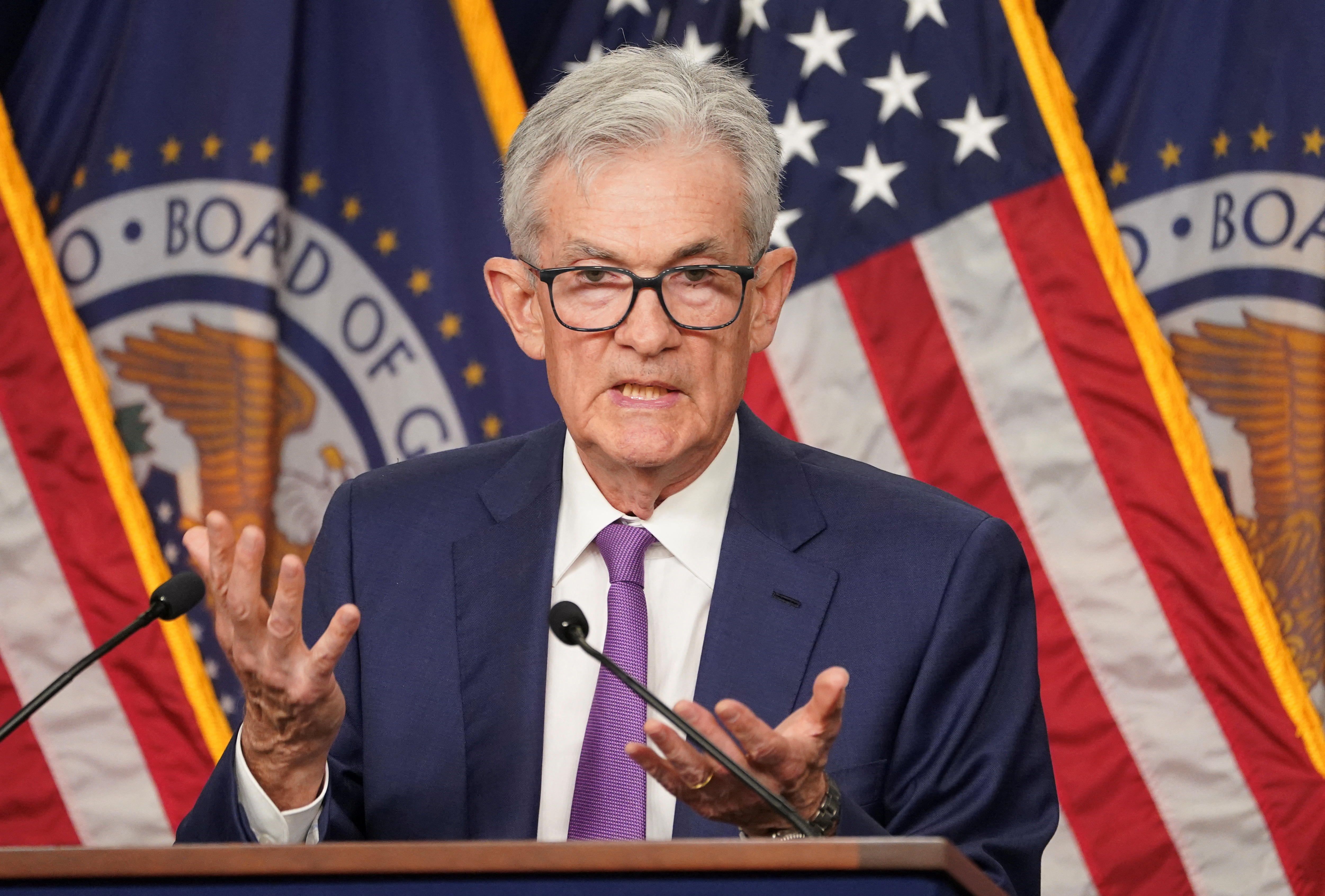 Fed chair Powell speaks at a press conference  in Washington