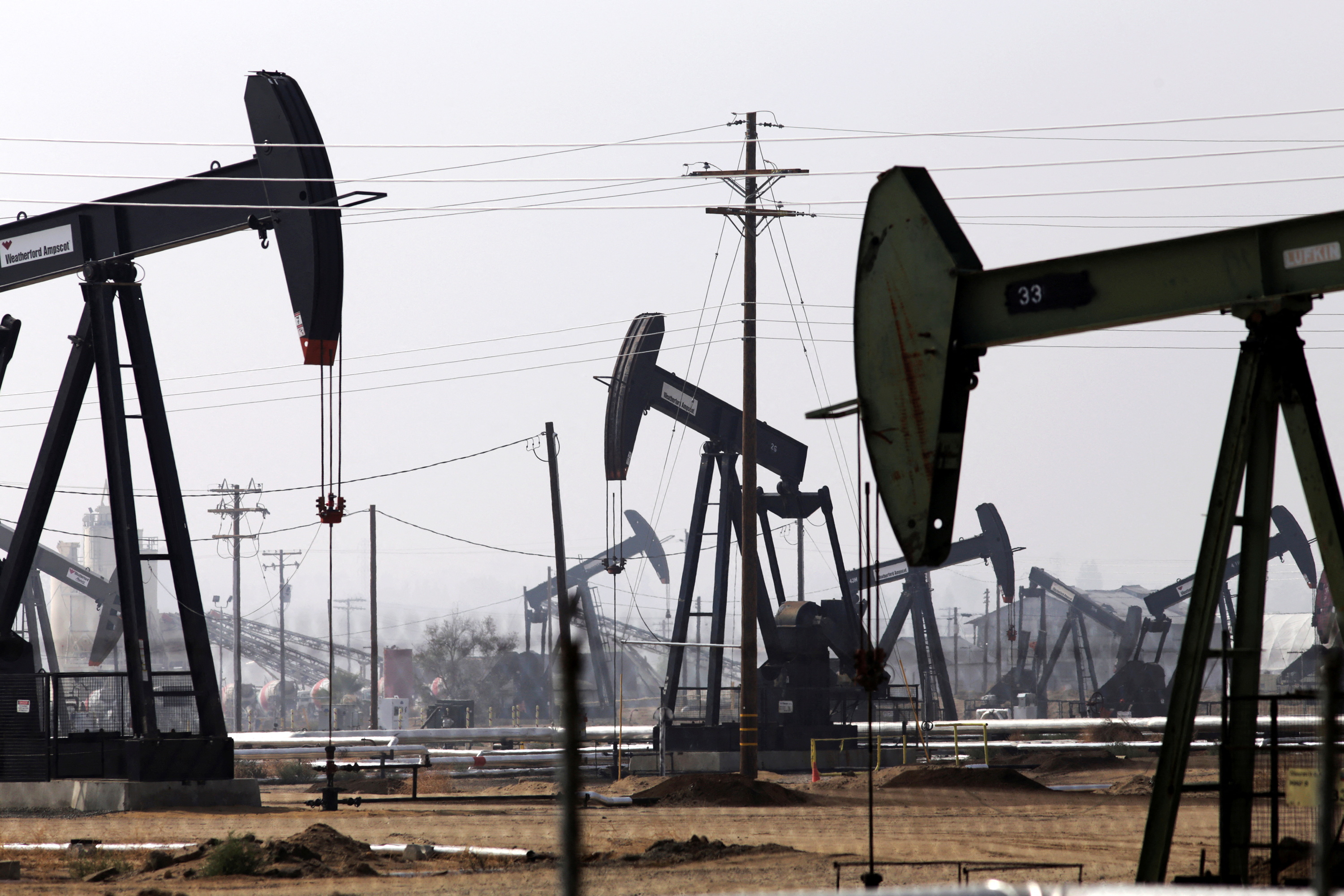 Petroleum pump jacks are pictured in the Kern River oil field in Bakersfield