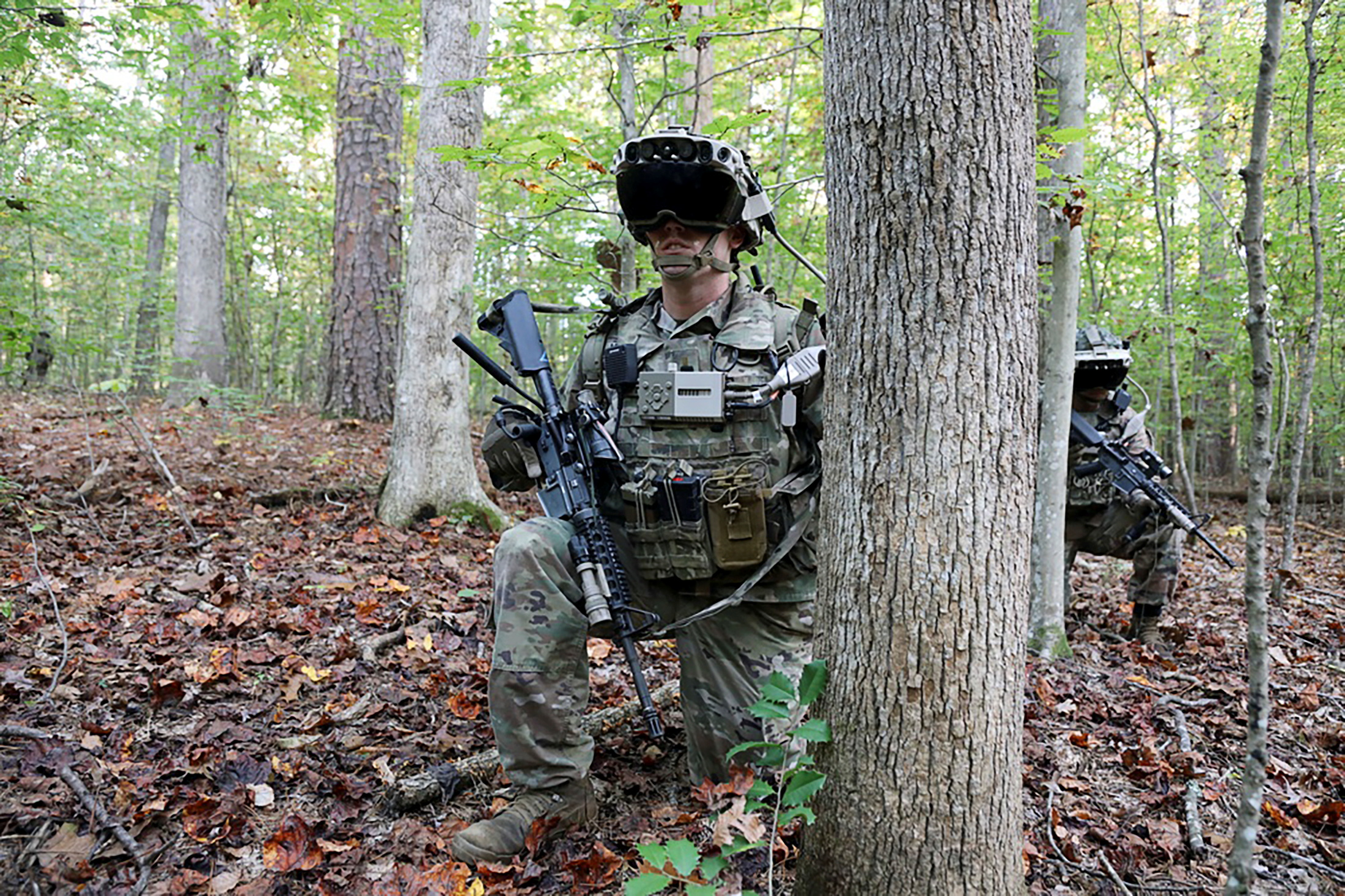 Soldiers don prototype of the Army’s augmented reality headsets during training at Fort Pickett, Virginia