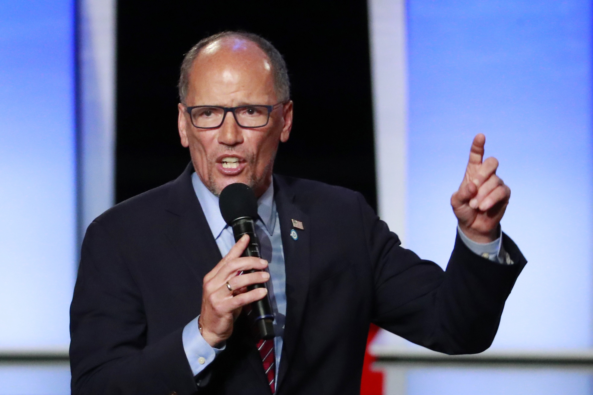 DNC chair Tom Perez addresses attendees at the 2020 presidential Democratic candidates debate in Detroit. July 31, 2019. REUTERS/Lucas Jackson