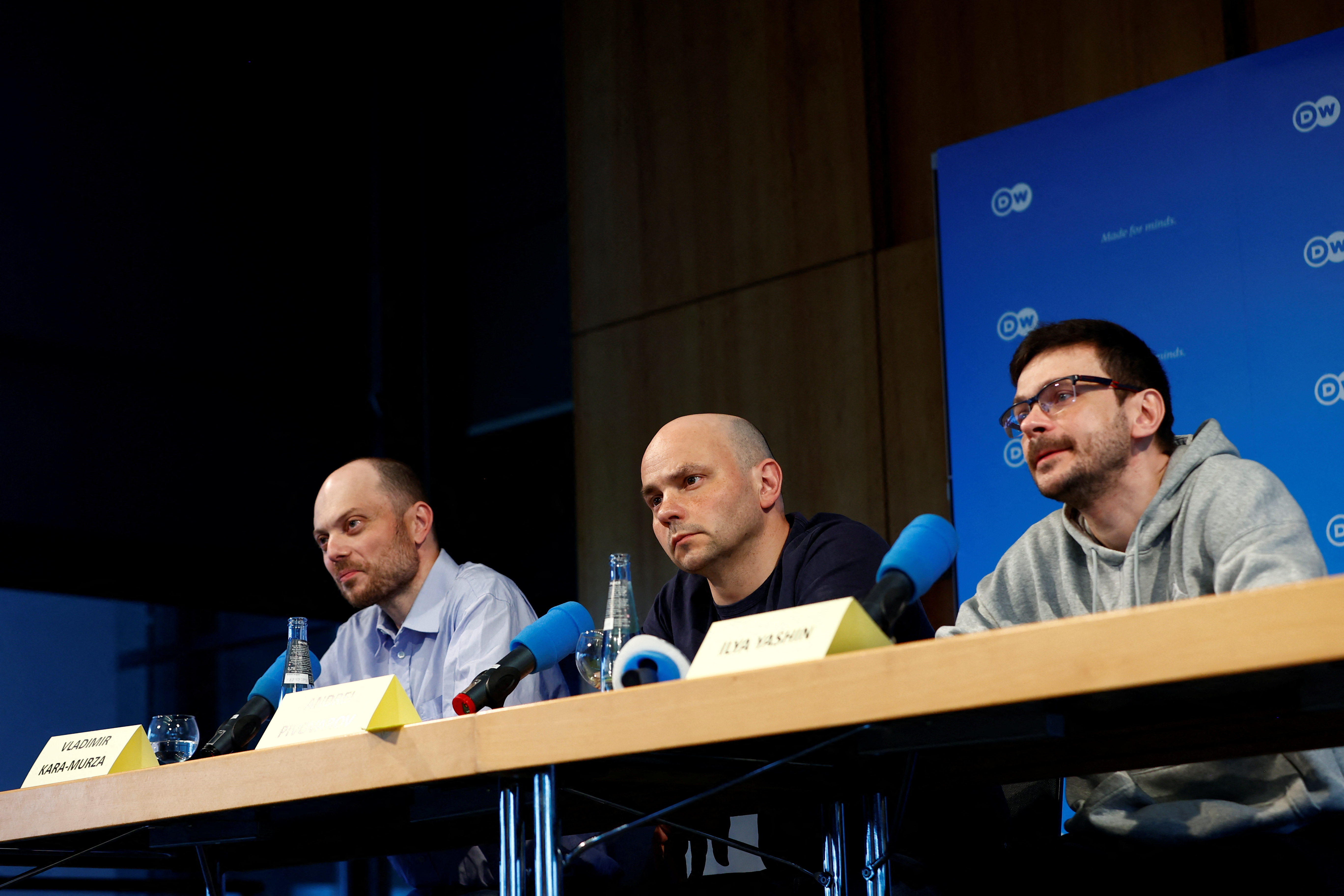 Russian dissidents Ilya Yashin, Vladimir Kara-Murza and Andrei Pivovarov hold a press conference after being freed, in Bonn