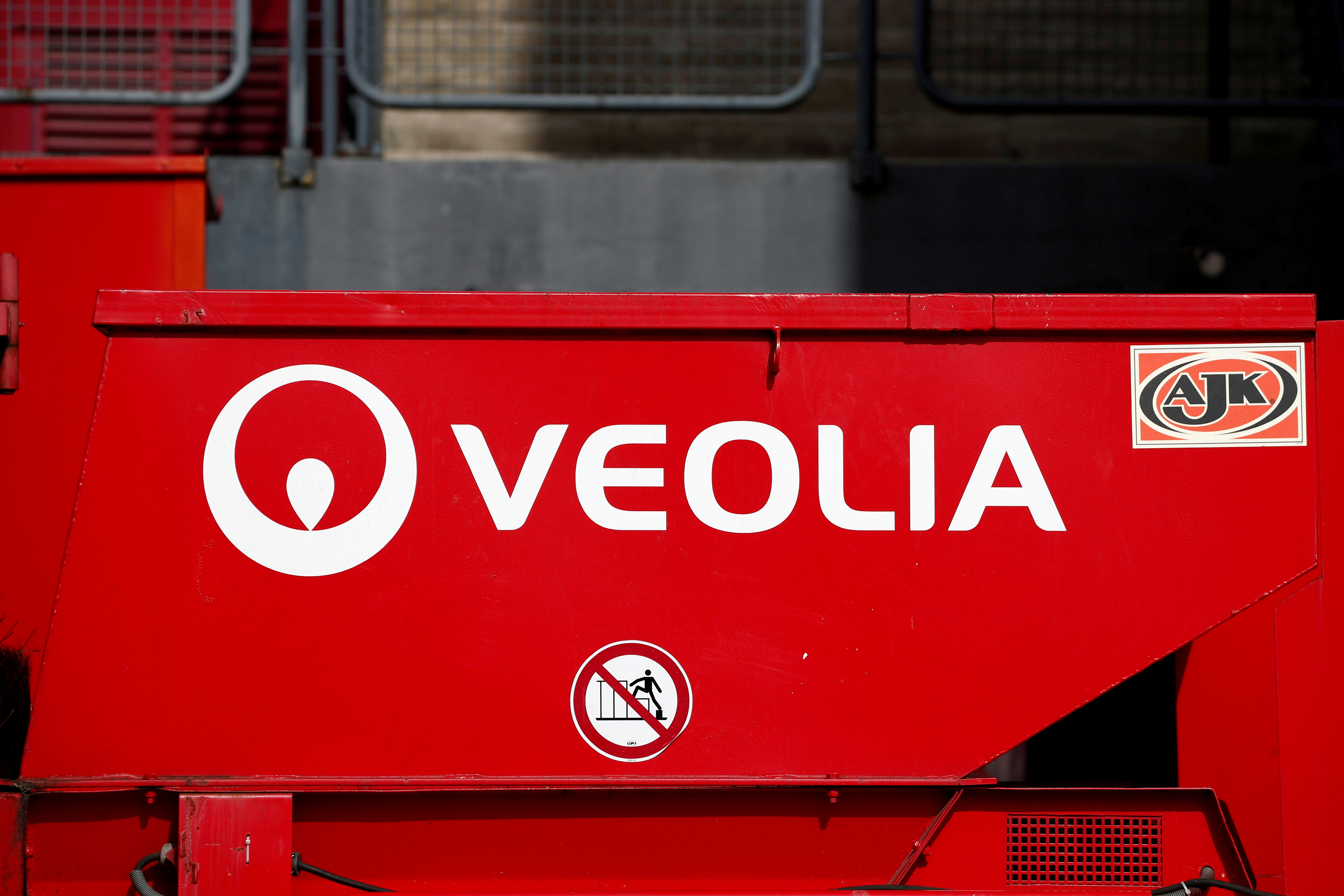 The logo of Veolia Environnement is seen on a waste compactor in Velizy-Villacoublay