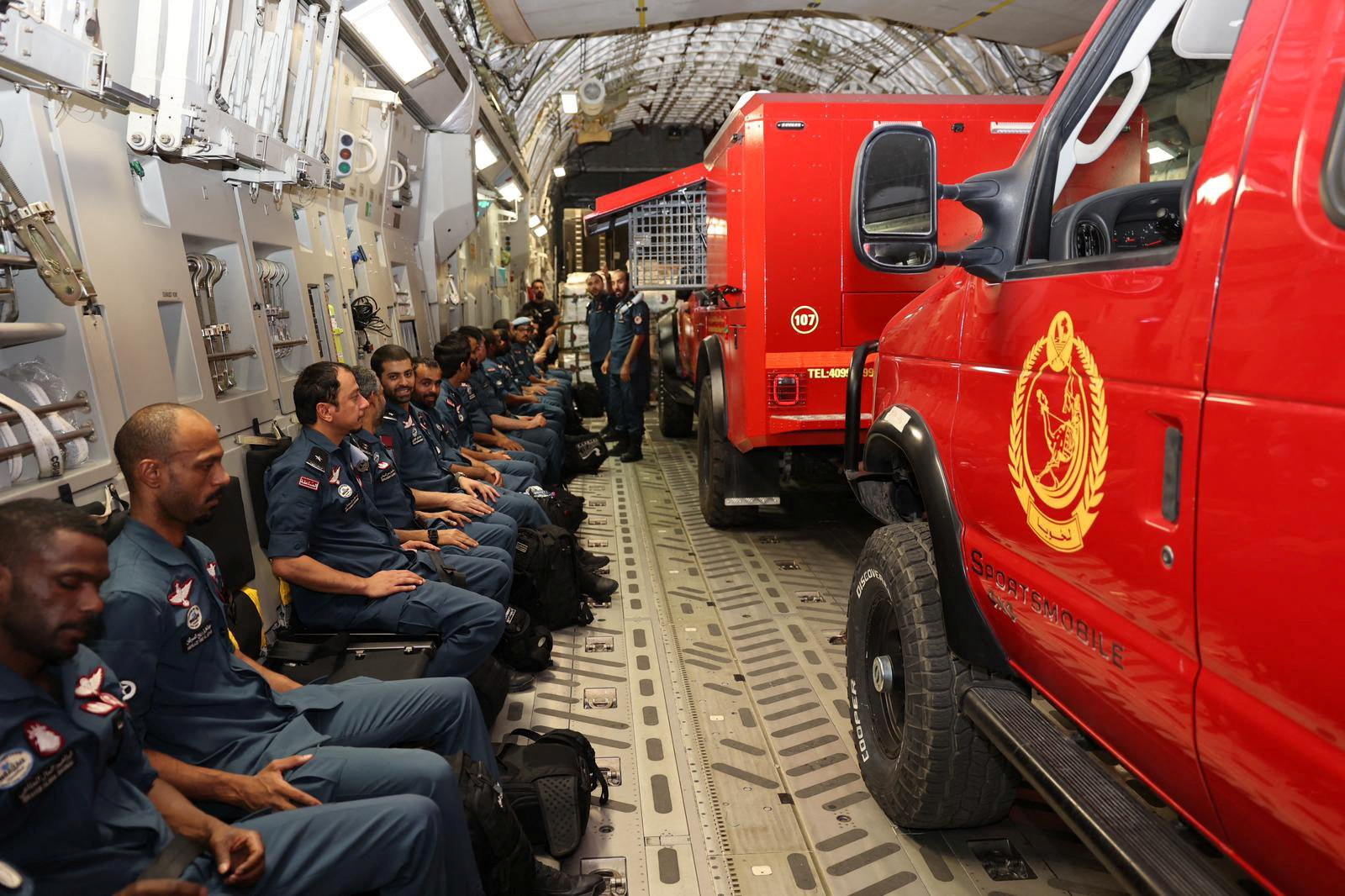 Qatari International Search and Rescue Group personnel and aid are seen onboard a military cargo plane destined to Morocco to provide support on the ground, following an earthquake that struck the country