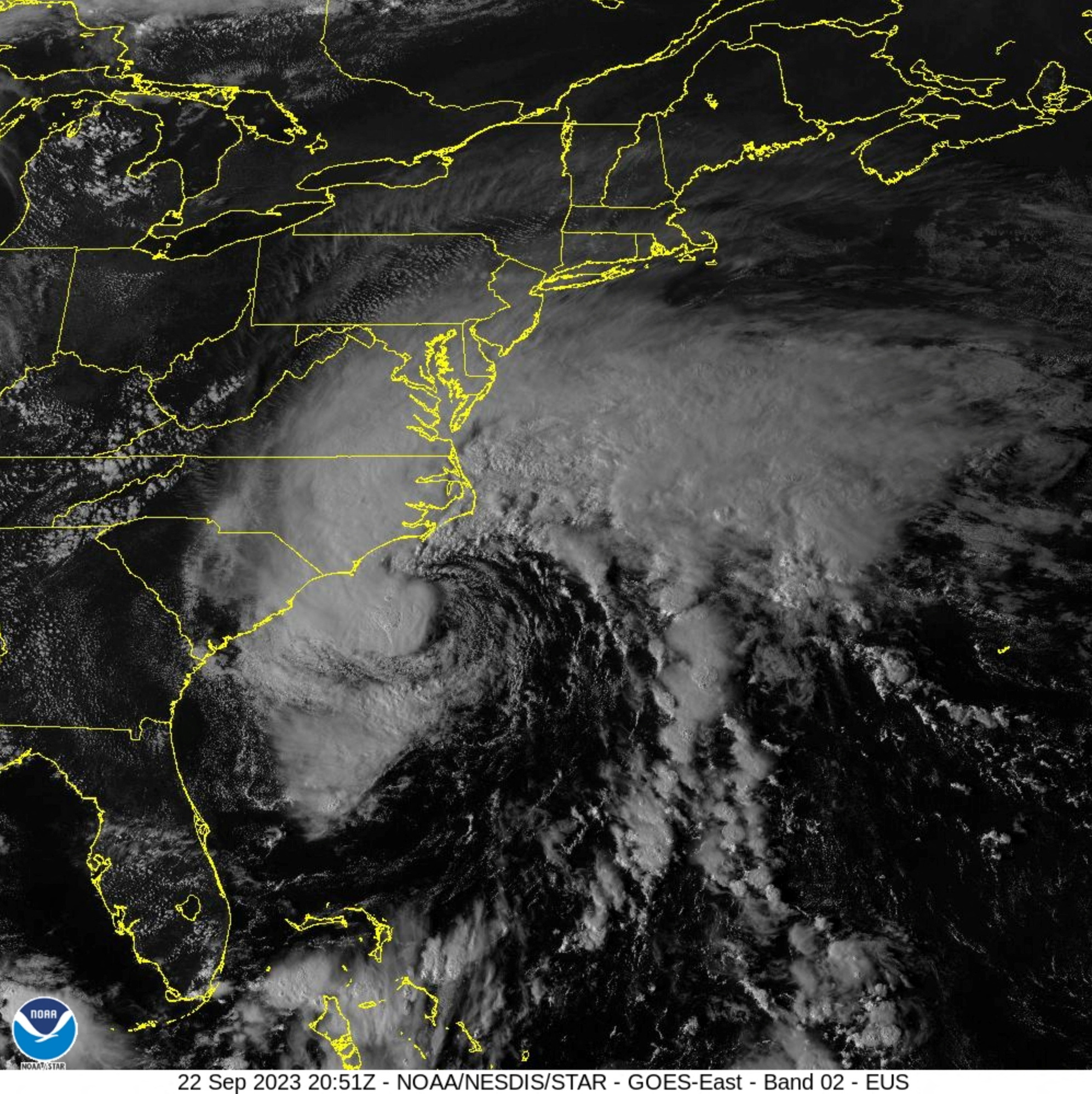 Tropical Storm Ophelia off the mid-Atlantic coast producing winds just  below hurricane force