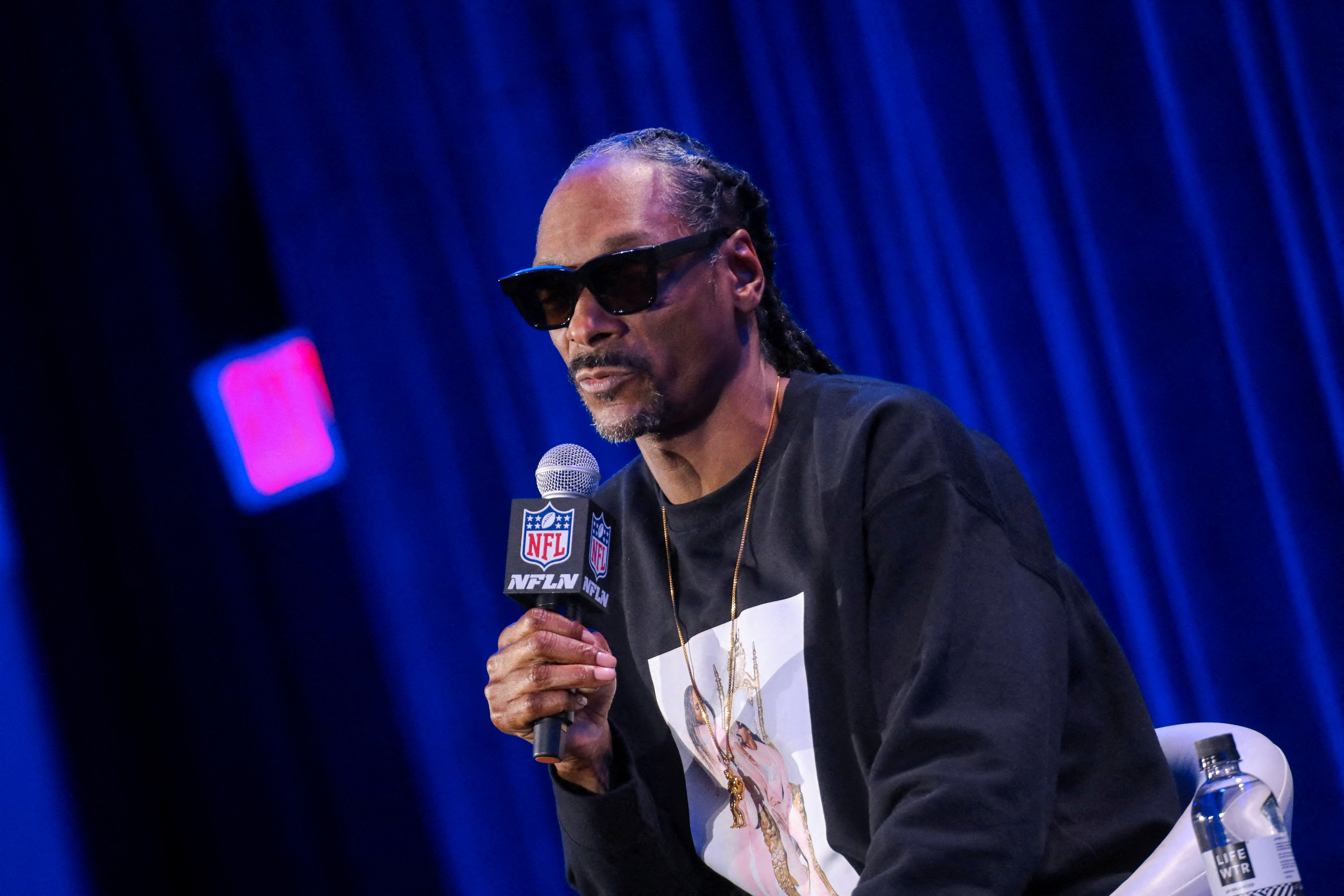 Rapper Snoop Dogg speaks during a news conference in Los Angeles