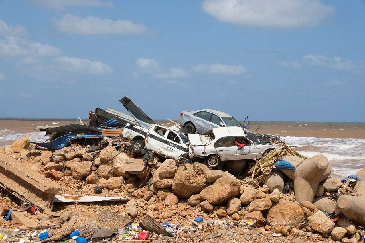 A view shows the damaged cars, after a powerful storm and heavy rainfall hit Libya, in Derna
