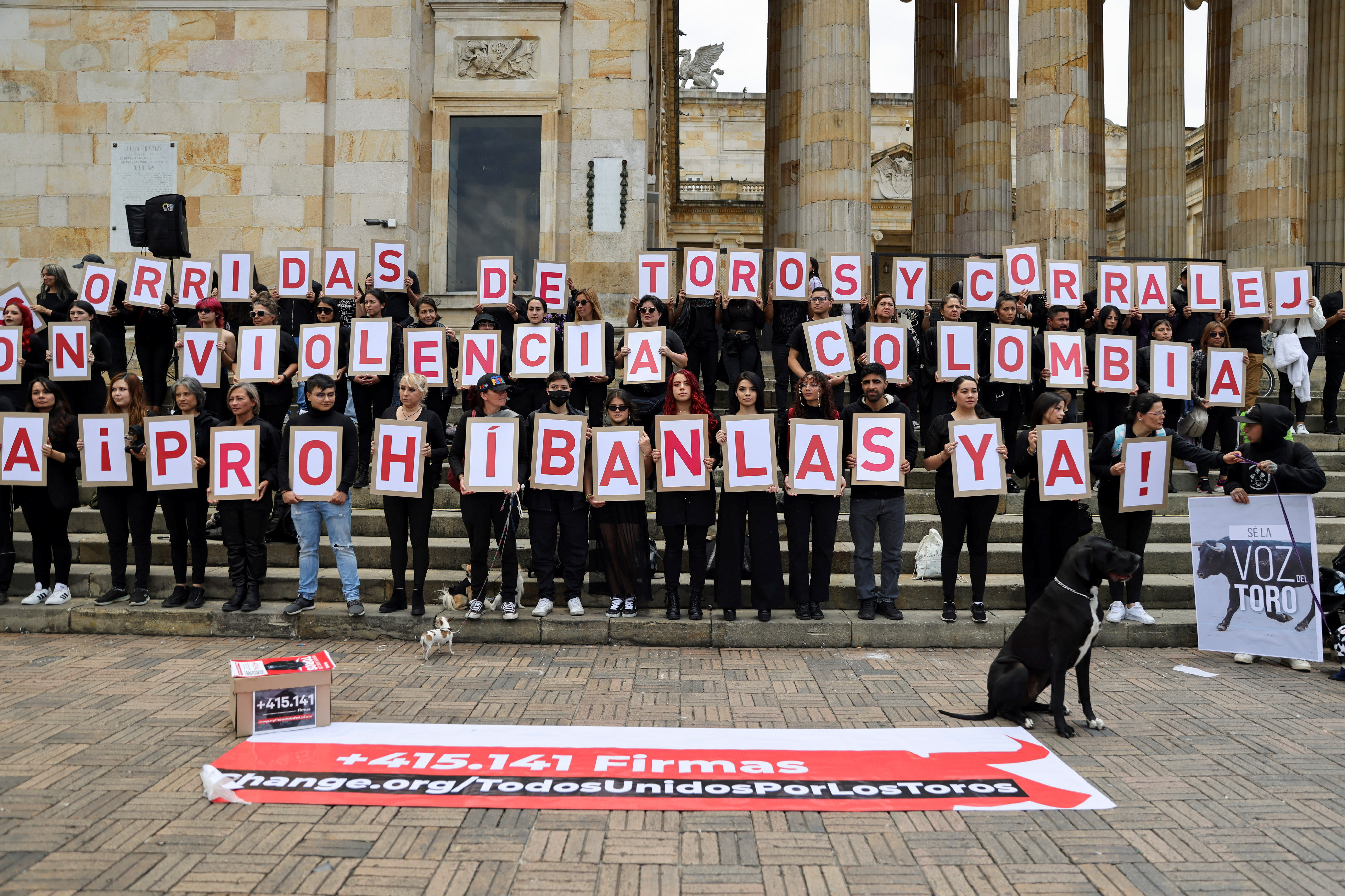 Activists protest against bullfighting, in Bogota