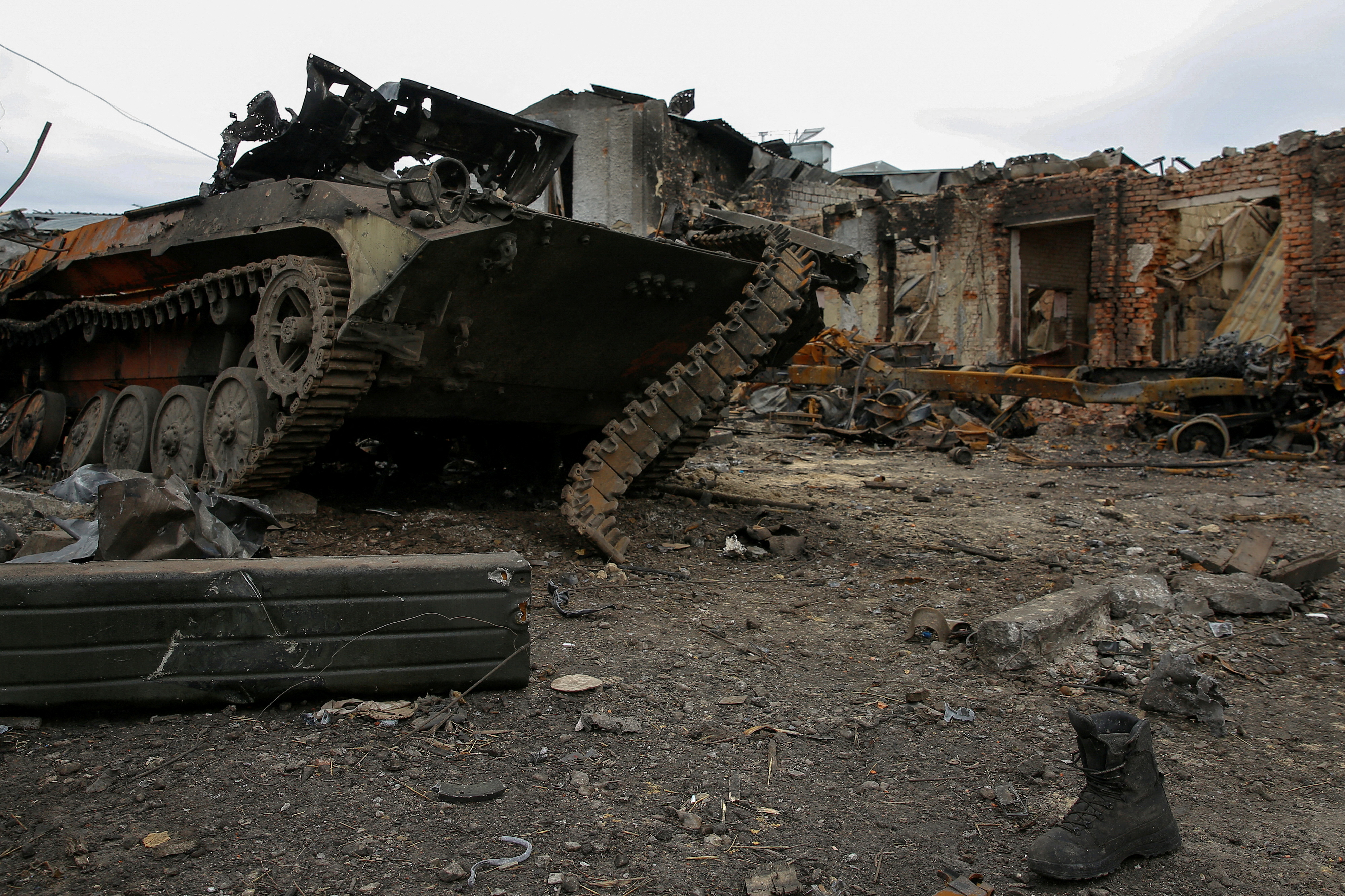 A destroyed Russian armoured fighting vehicle is seen in Trostianets