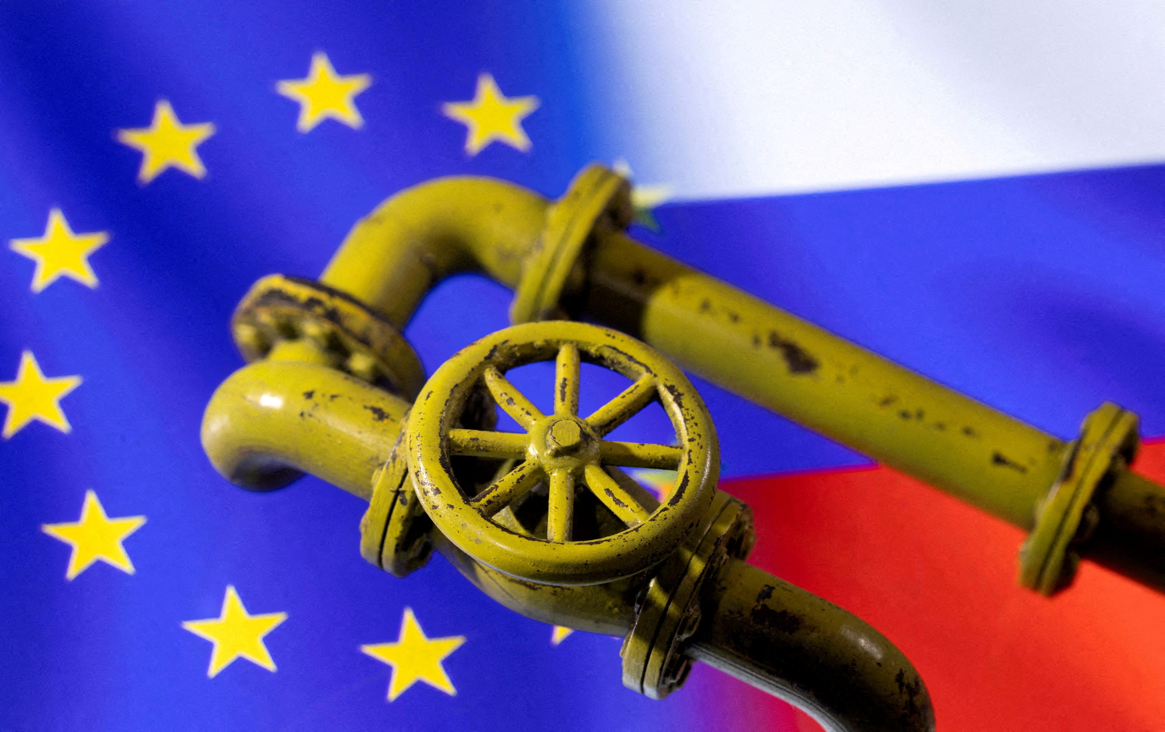 llustration shows Natural Gas Pipes and EU and Russian flags