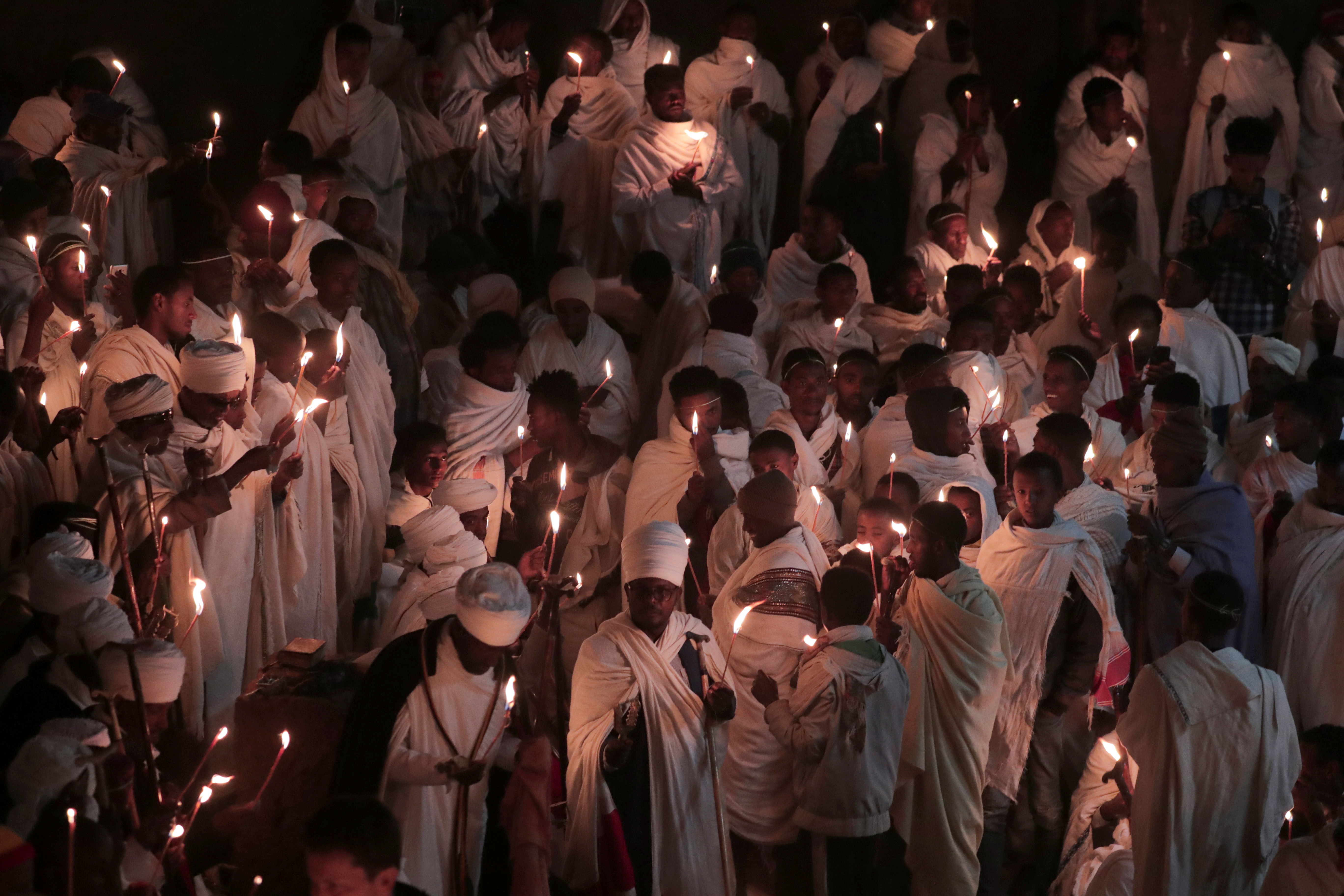 Ethiopian Orthodox pilgrims attend the Easter Eve celebration at the St. Mary Rock-Hewn church in Lalibela