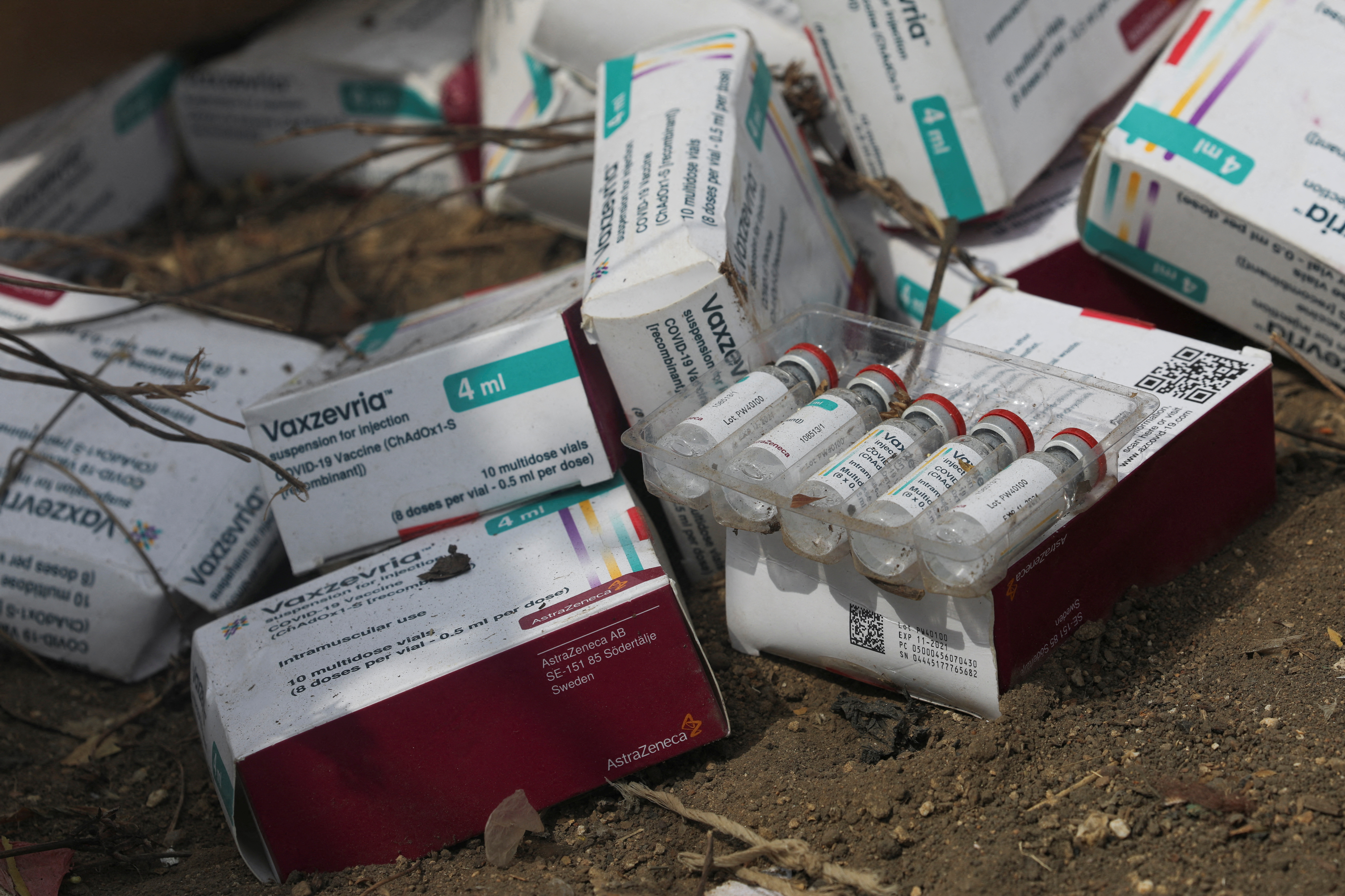 Some samples of expired AstraZeneca COVID-19 vaccines are seen at the Gosa dump site in Abuja