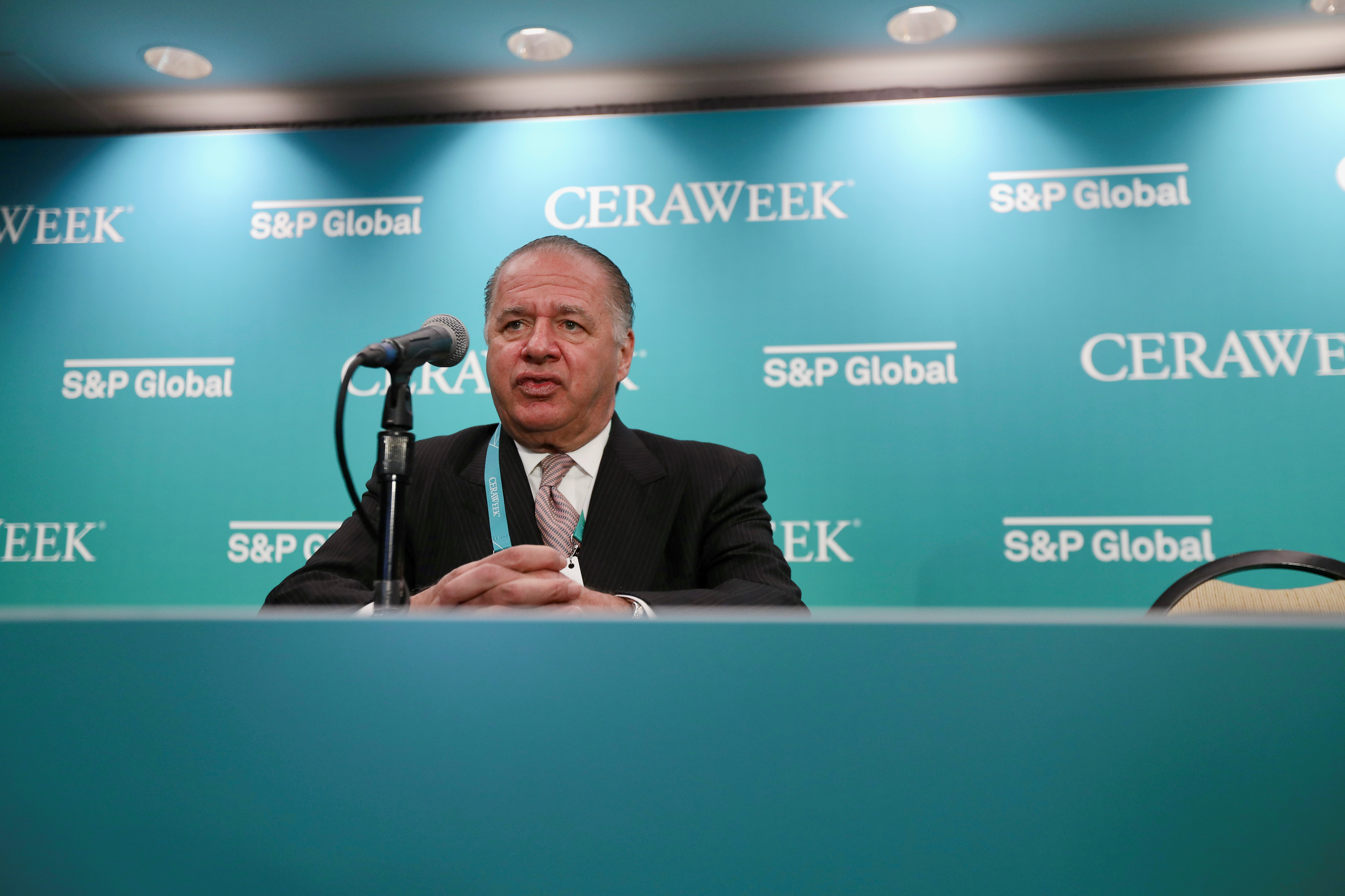 CEO of Tellurian Charif Souki speaks at news conference at CERAWeek in Houston