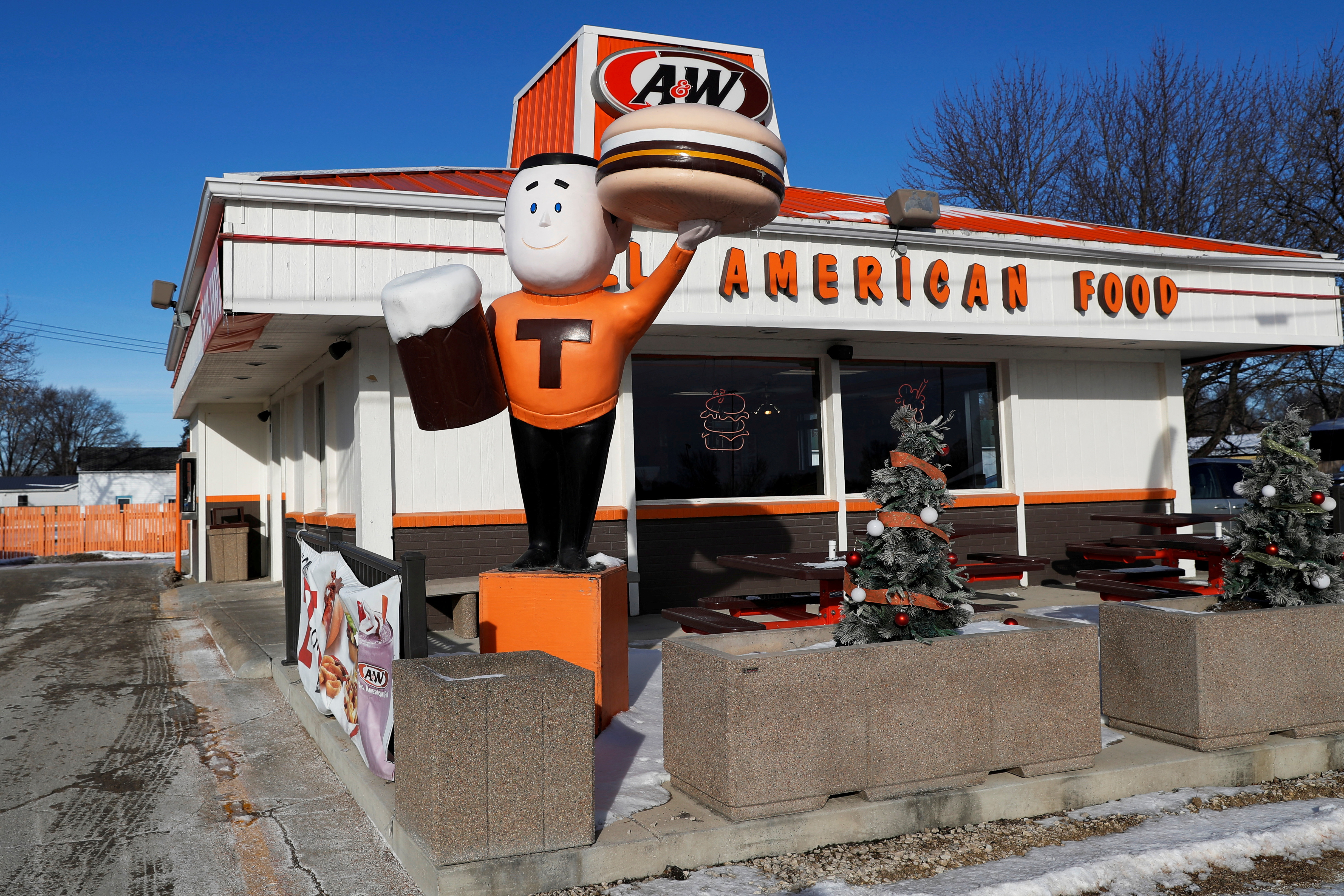 The exterior of an A&W root beer restaurant is seen in Emmetsburg, Iowa