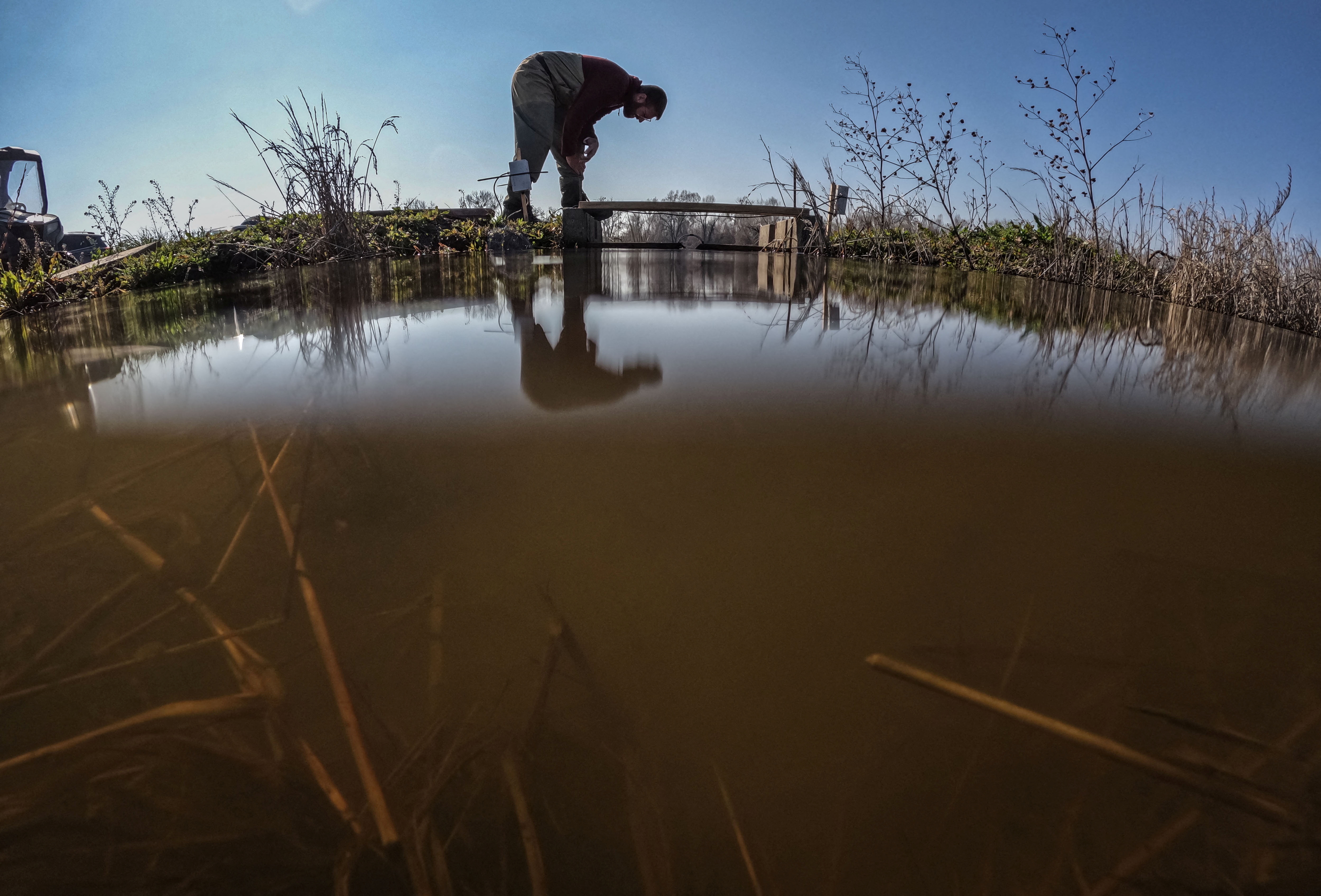 A researcher from University of California, Davis inspects a water gate at a flooded rice field in Robbins, California