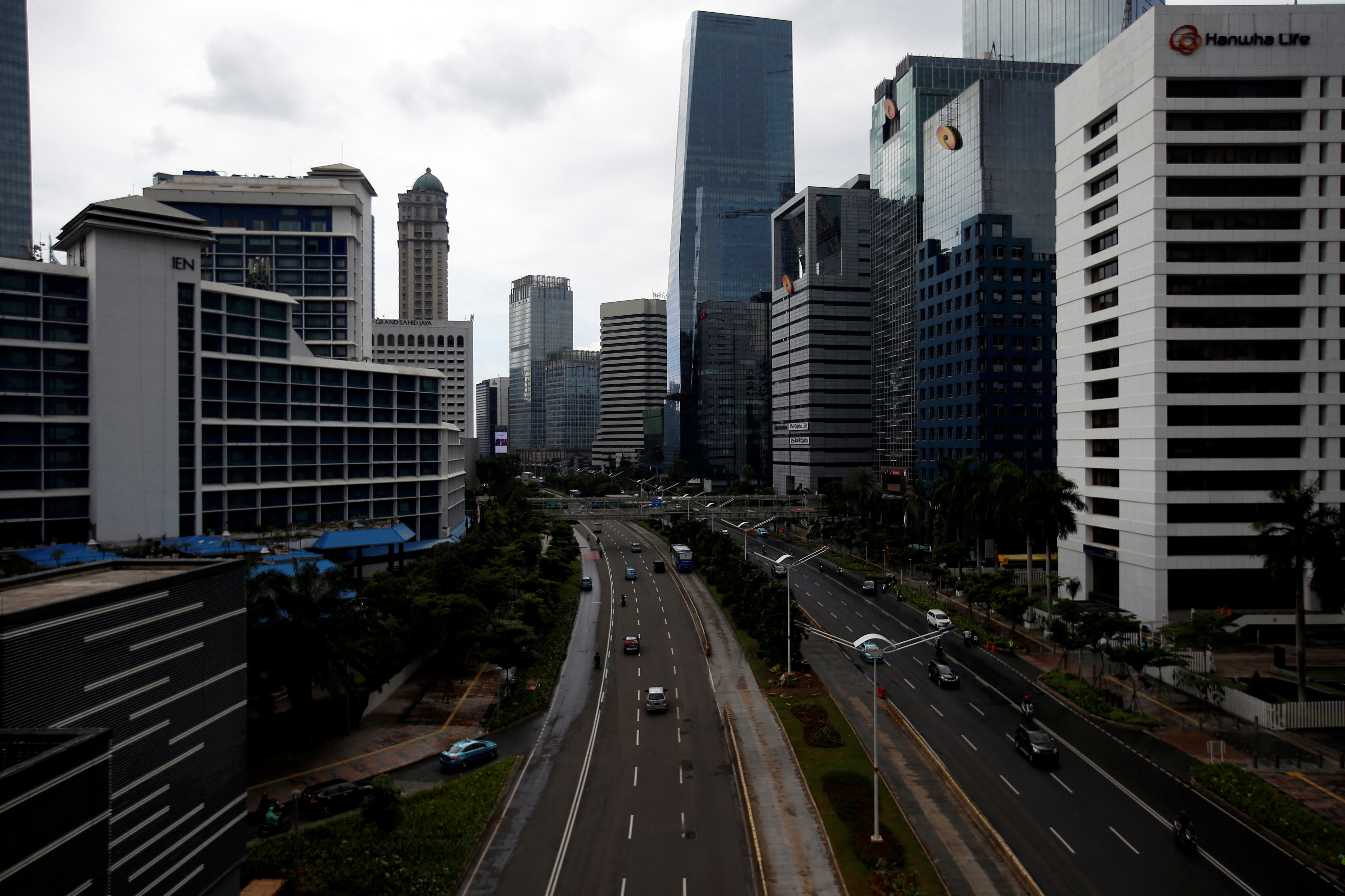 General view of the main road at the business district after Indonesia's capital begins a two-week emergency period to prevent the spread of coronavirus disease (COVID-19) in Jakarta