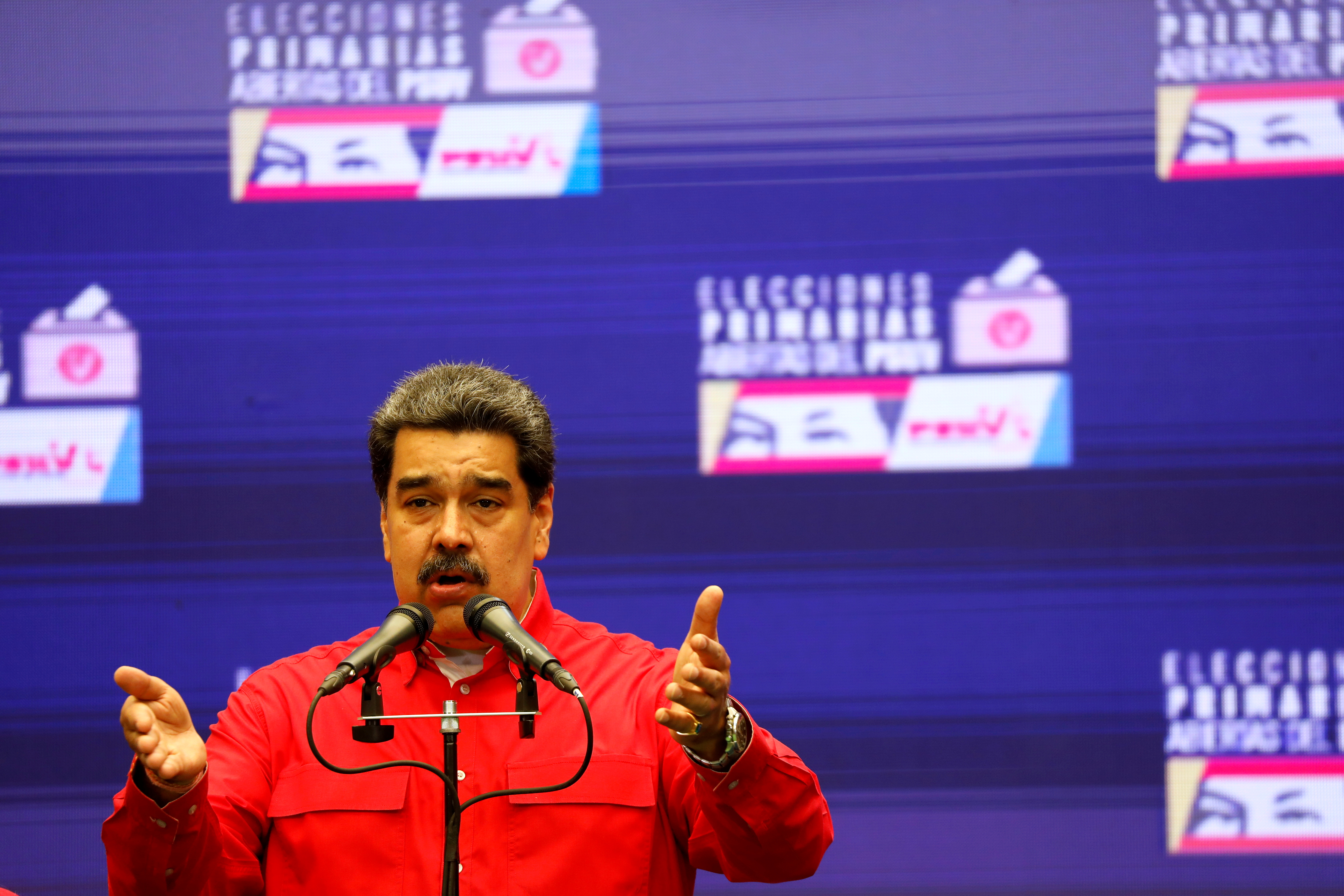 Maduro speaks to media after voting in Socialist Party primaries in Caracas