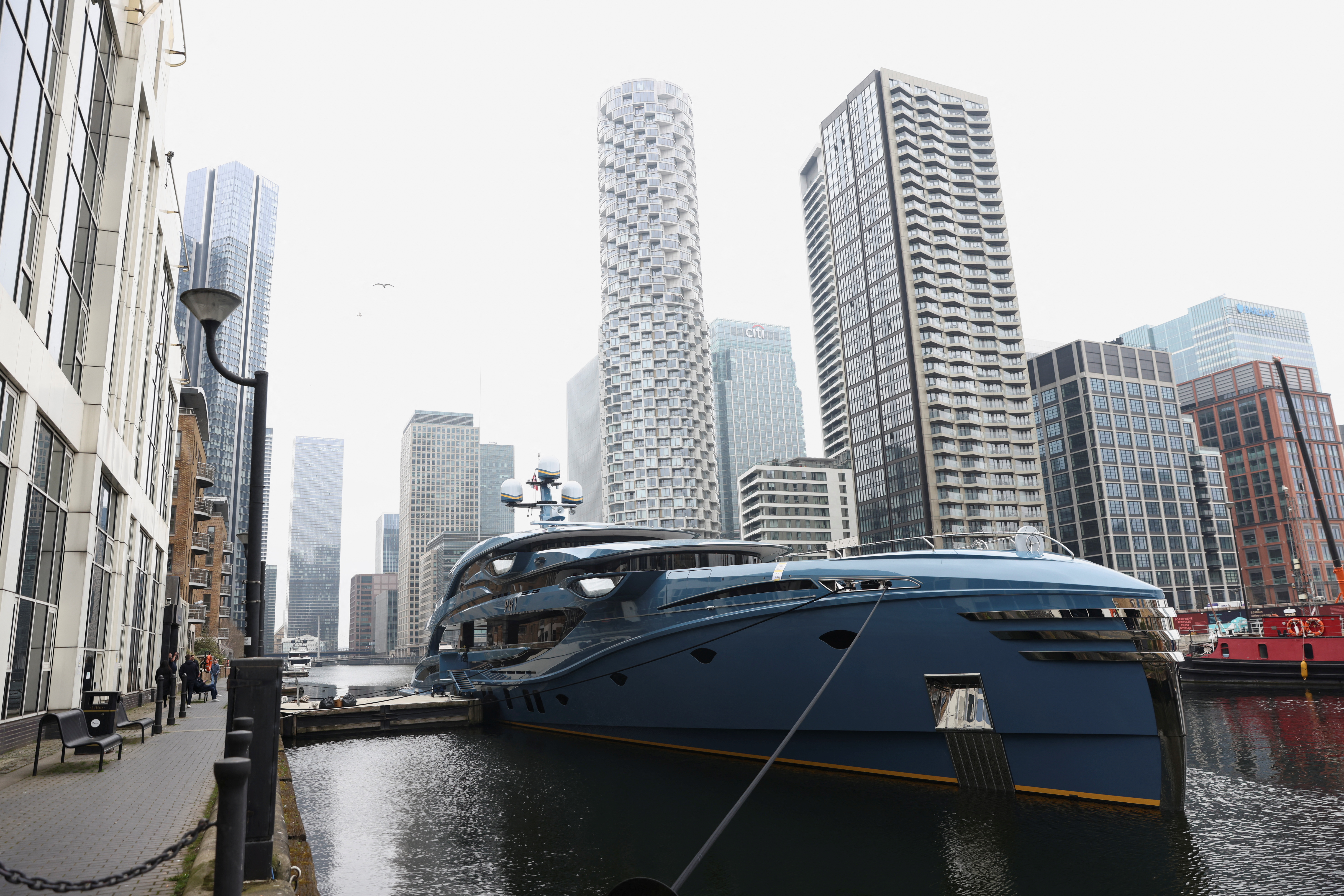 Detained Russian-owned superyacht Phi is seen in West India and Millwall Docks in London