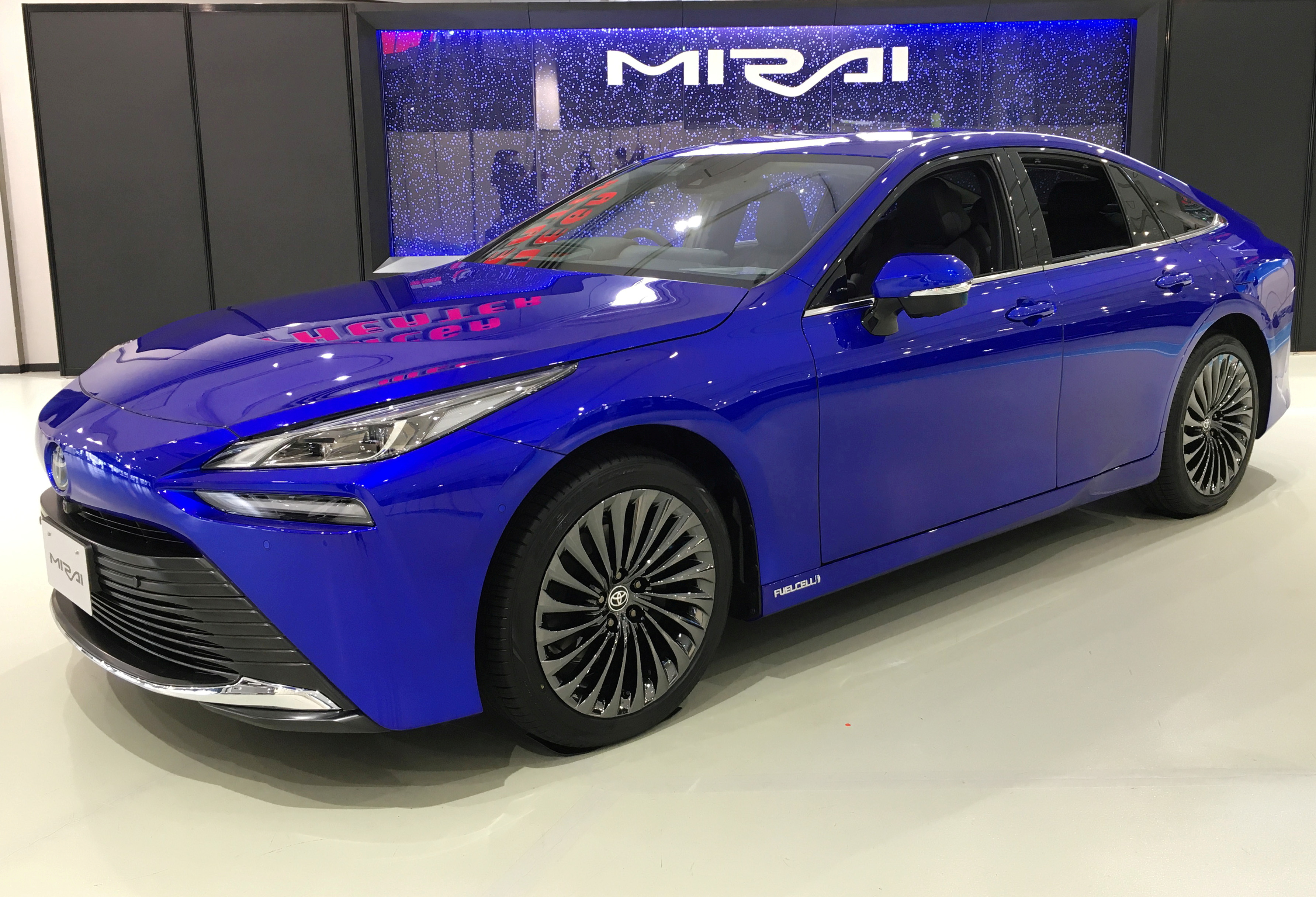 Toyota Motor Corp's revamped Mirai hydrogen fuel cell car is displayed at its launching event in Tokyo