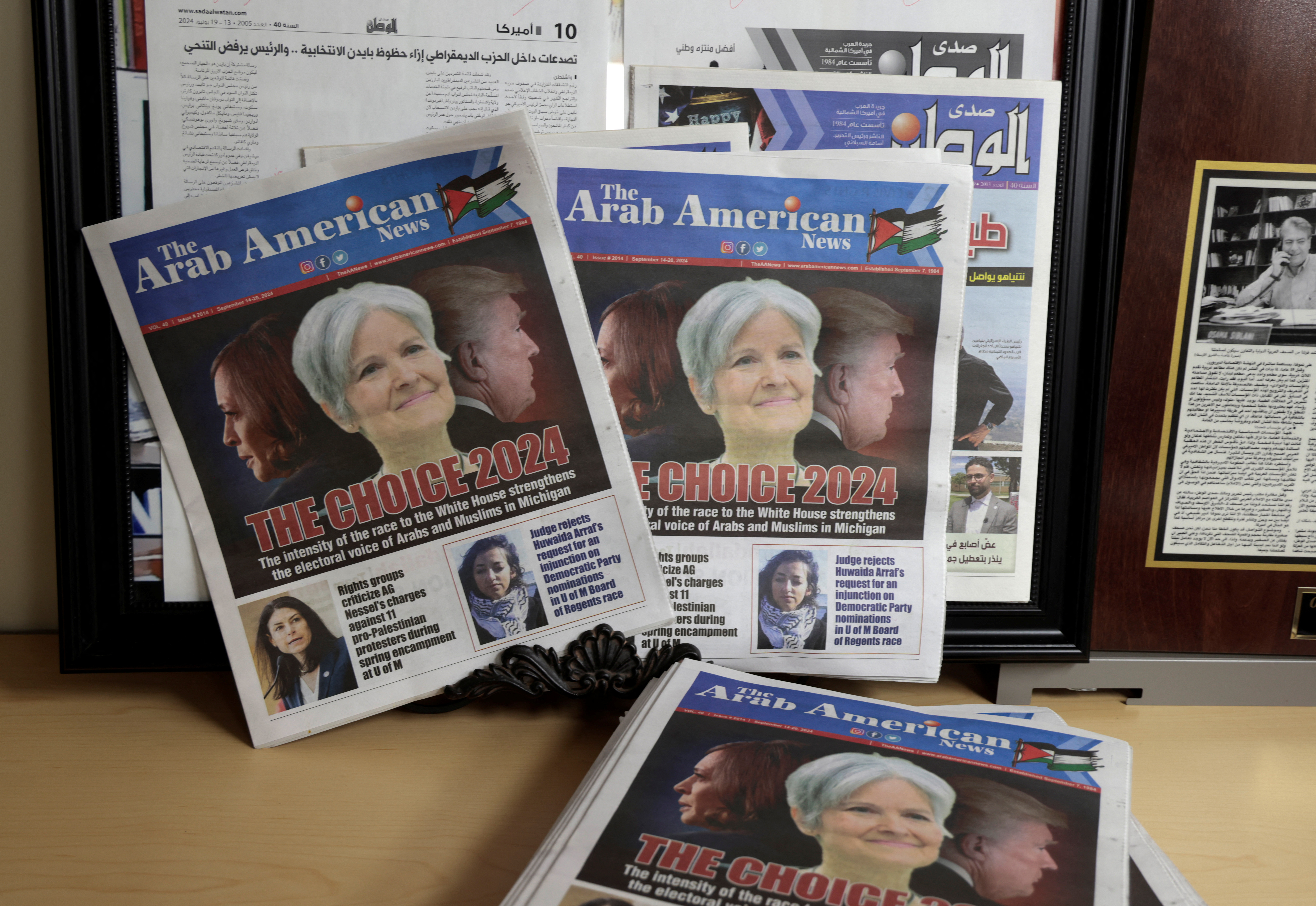 The front cover of the Arab American News with the lead story of  ‘the electoral voice of Arabs and Muslims in Michigan’ is seen in the newspapers office in Dearborn